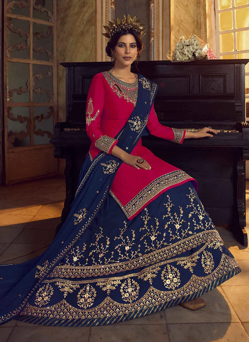 Red And Blue Embroidered Traditional Lehenga Suit