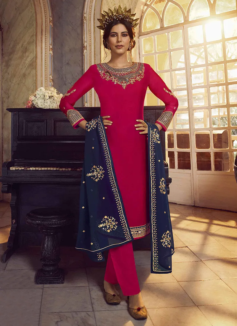 Red And Blue Embroidered Traditional Lehenga Suit
