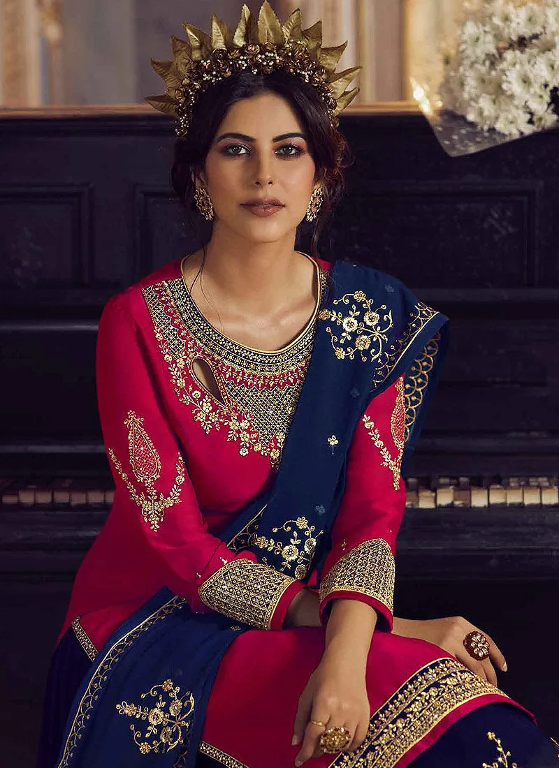 Red And Blue Embroidered Traditional Lehenga Suit