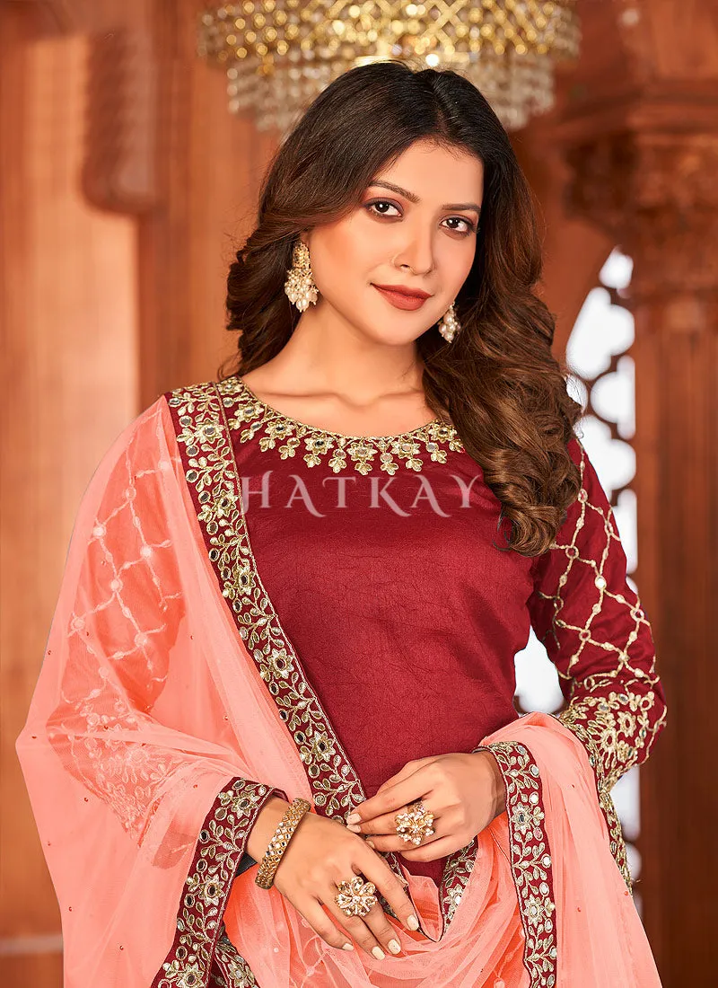 Red And Peach Mirror Work Embroidery Patiala Suit