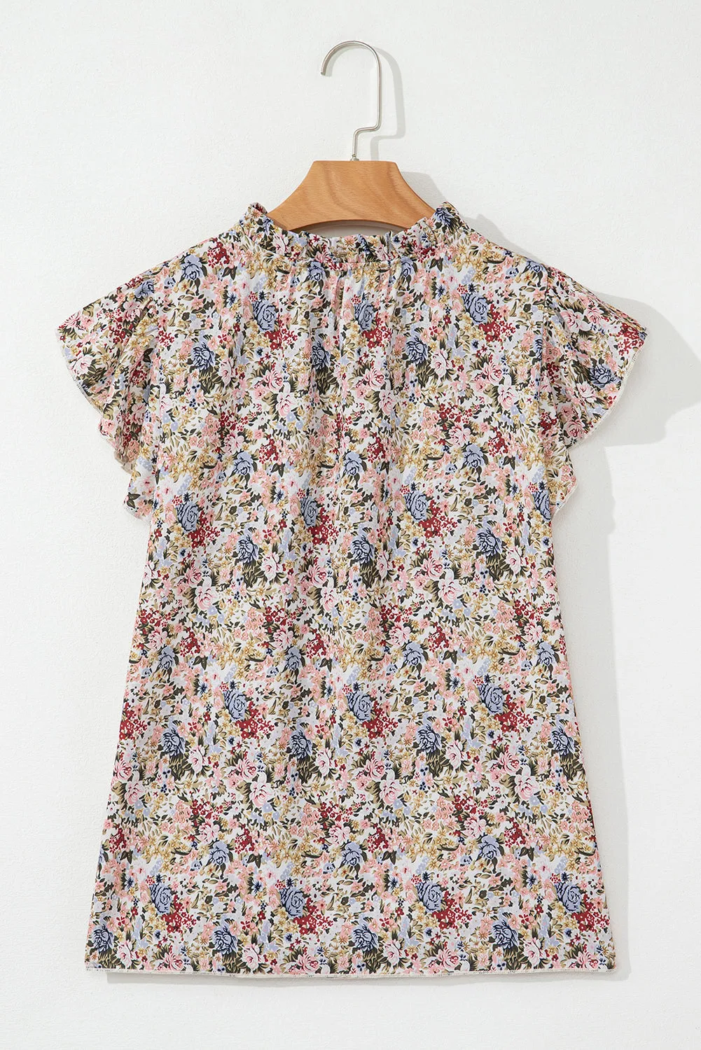 Red Boho Floral Frilled Button Neck Ruffle Short Sleeve Blouse