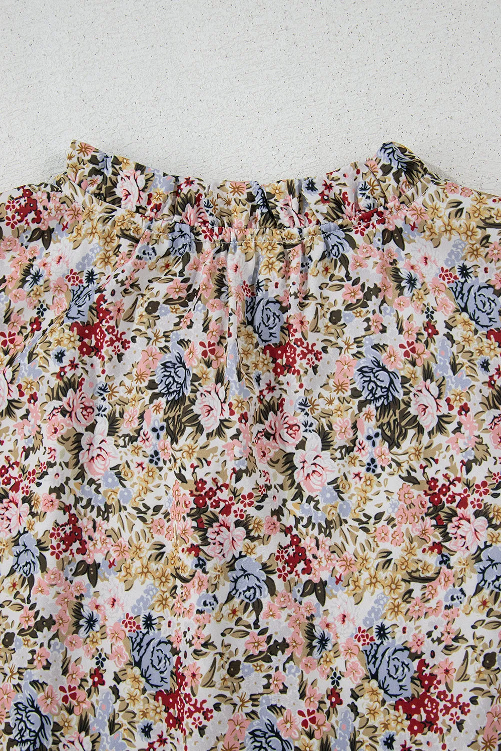 Red Boho Floral Frilled Button Neck Ruffle Short Sleeve Blouse