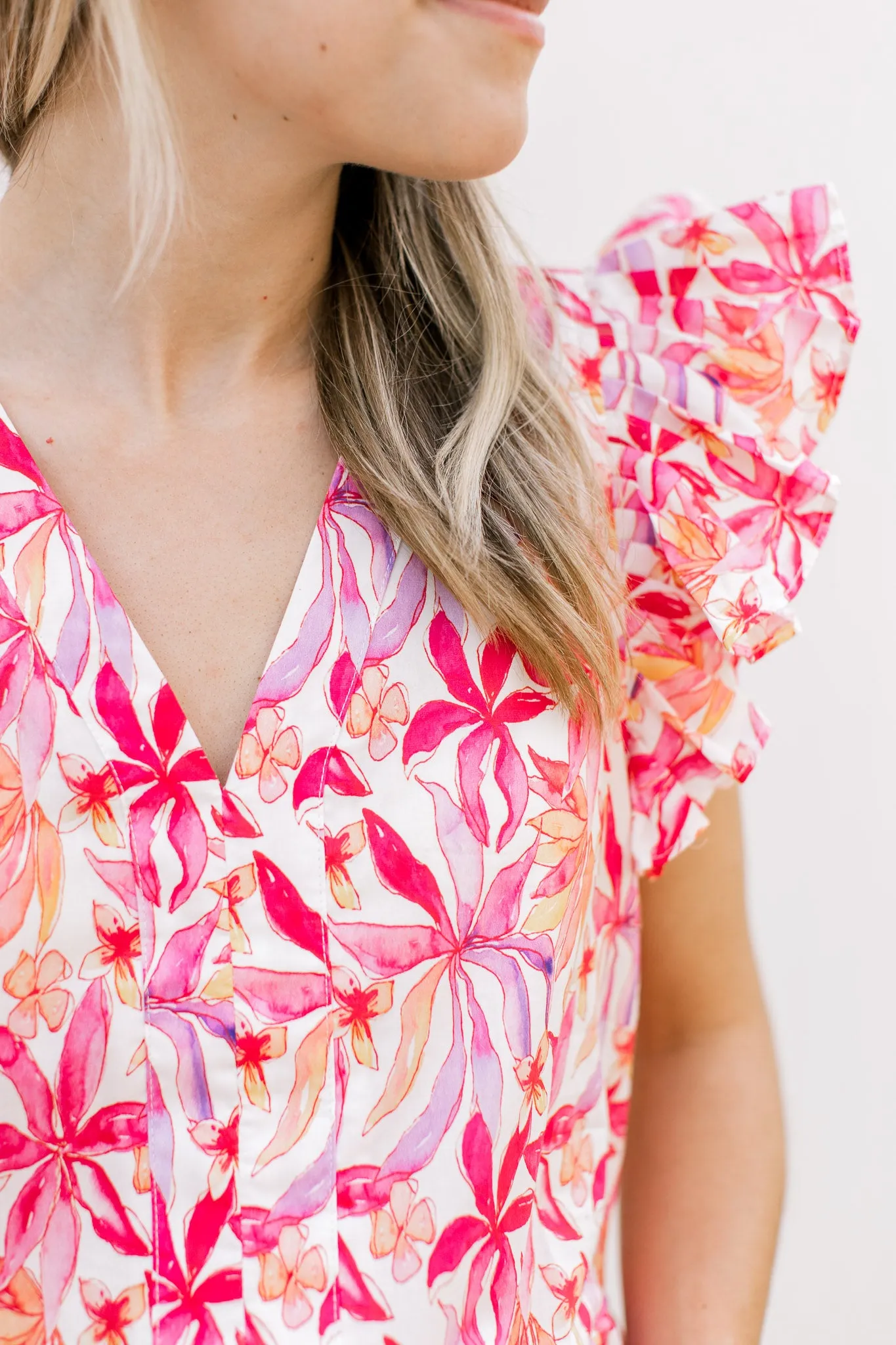 Red Floral Pleated Top
