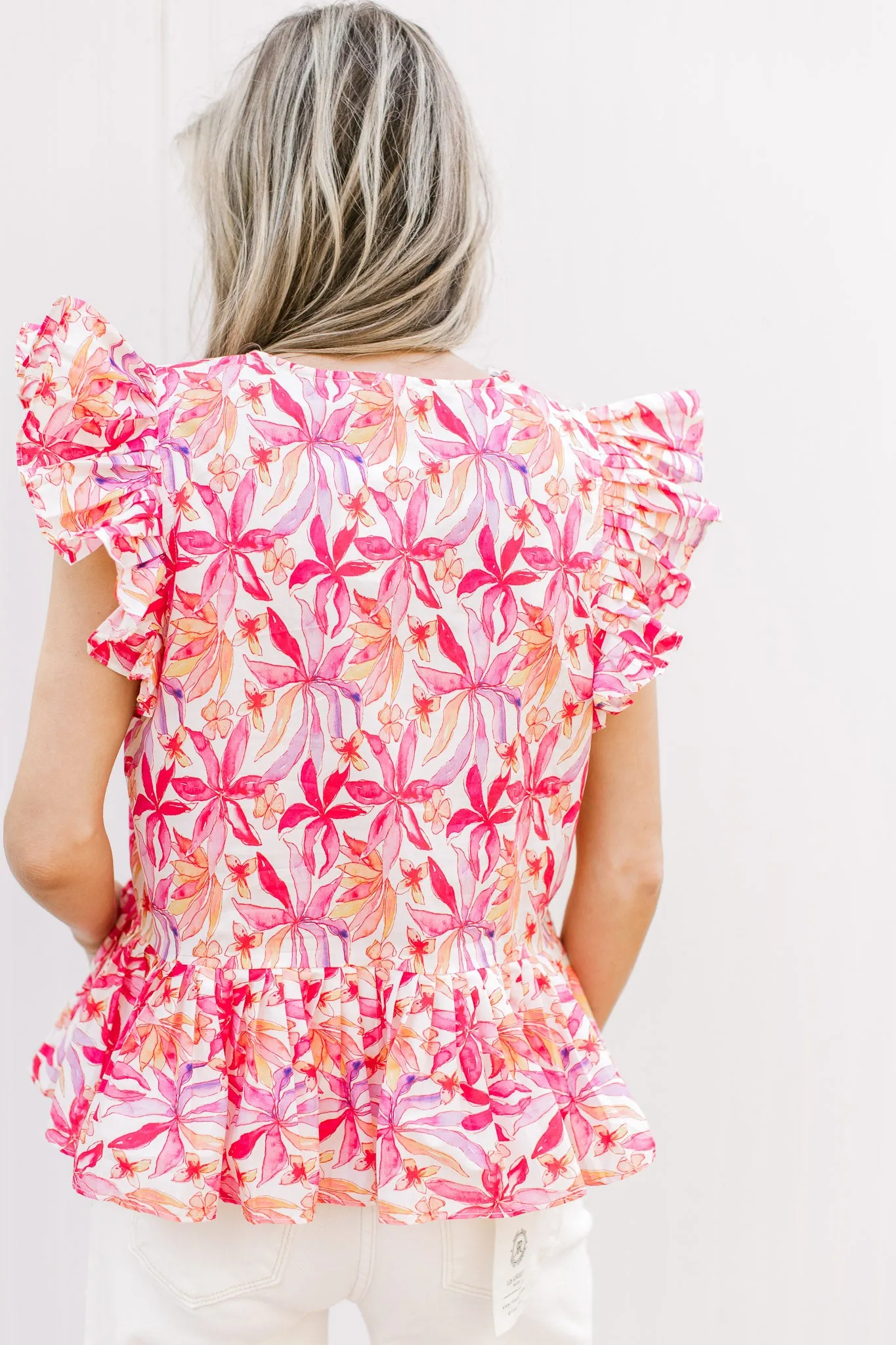 Red Floral Pleated Top