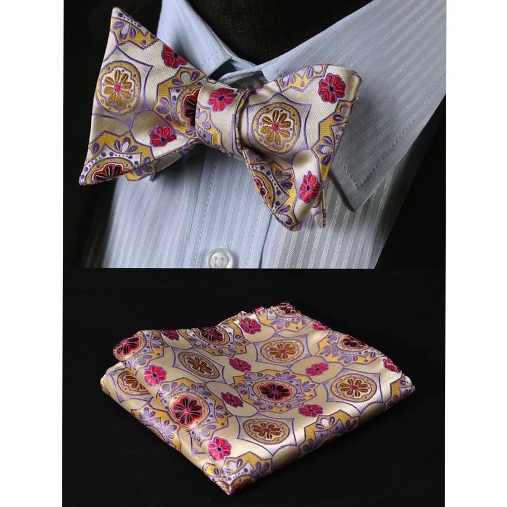 Red Gold & Yellow Floral Mens Silk Self tie Bow Tie with Pocket Squares Set