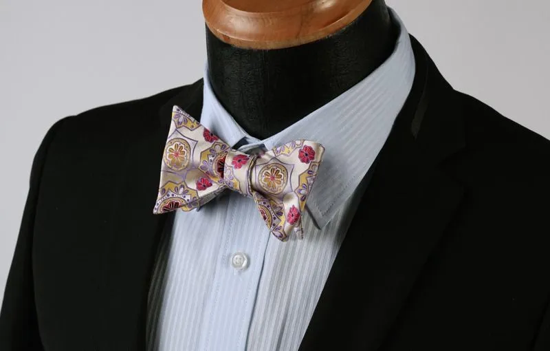 Red Gold & Yellow Floral Mens Silk Self tie Bow Tie with Pocket Squares Set
