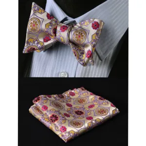 Red Gold & Yellow Floral Mens Silk Self tie Bow Tie with Pocket Squares Set
