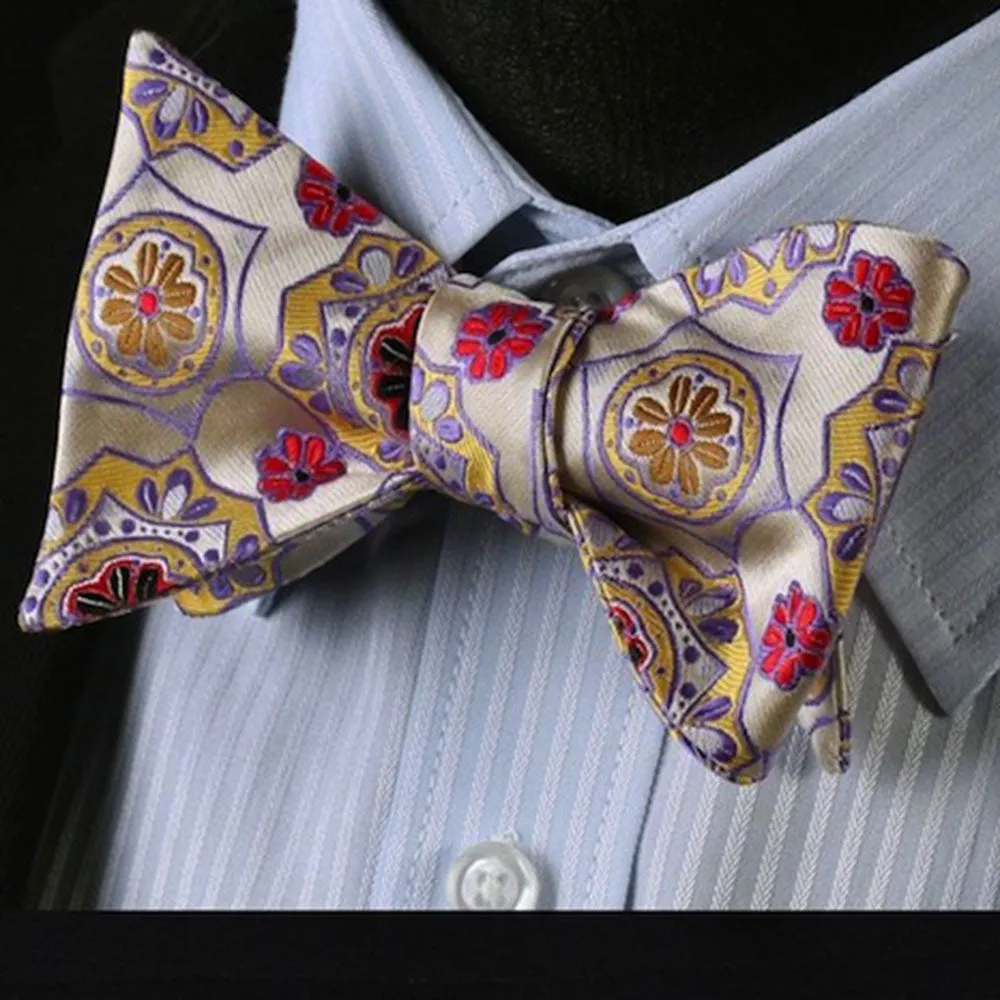 Red Gold & Yellow Floral Mens Silk Self tie Bow Tie with Pocket Squares Set