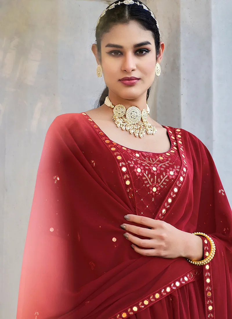 Red Mirror Work Embroidery Pleated Anarkali Palazzo Suit