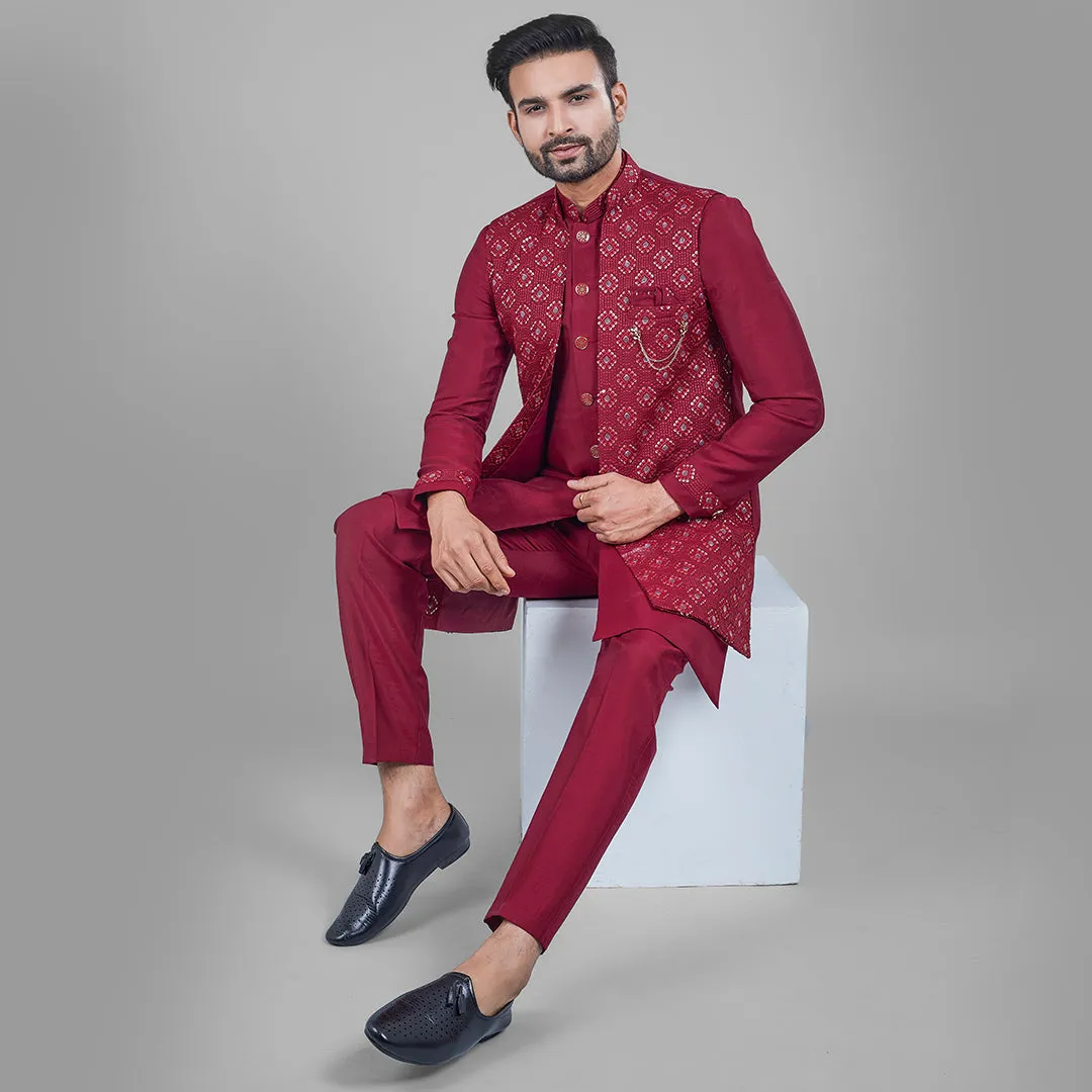 Regal Red Indo-Western Ensemble with Long Jacket