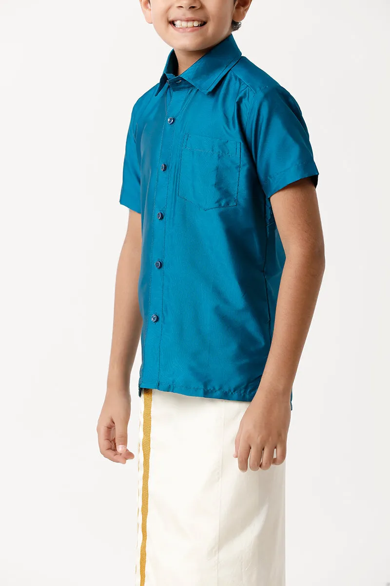 Rising Star - Blue Matching Fixit Dhoti and Shirt 2 in 1 Set For Kids | Uathayam