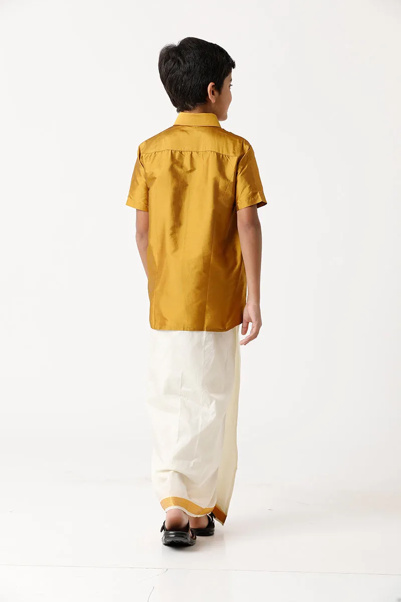 Rising Star - Gold Yellow Matching Fixit Dhoti and Shirt 2 in 1 Set For Kids | Uathayam