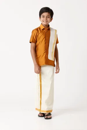 Rising Star - Mustard Yellow Matching Fixit Dhoti and Shirt 3 in 1 Set For Kids | Uathayam