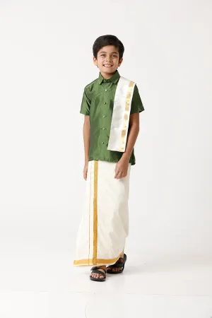 Rising Star - Olive Green Matching Fixit Dhoti and Shirt 3 in 1 Set For Kids | Uathayam