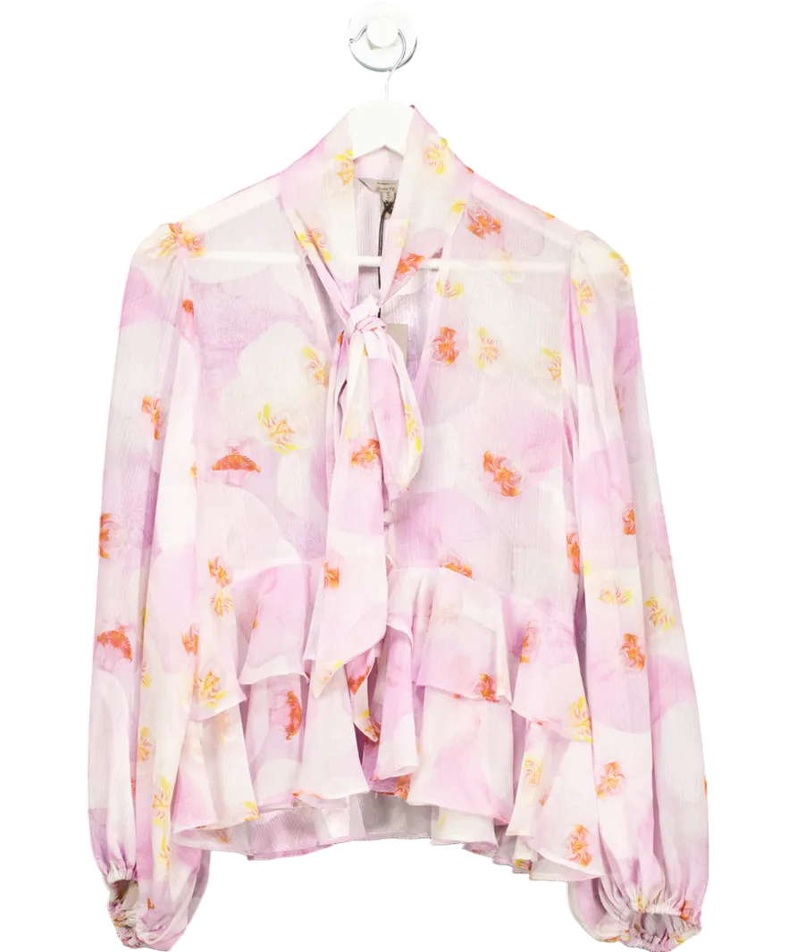 River Island Purple Sheer Floral Ruffle Bow Blouse UK 6