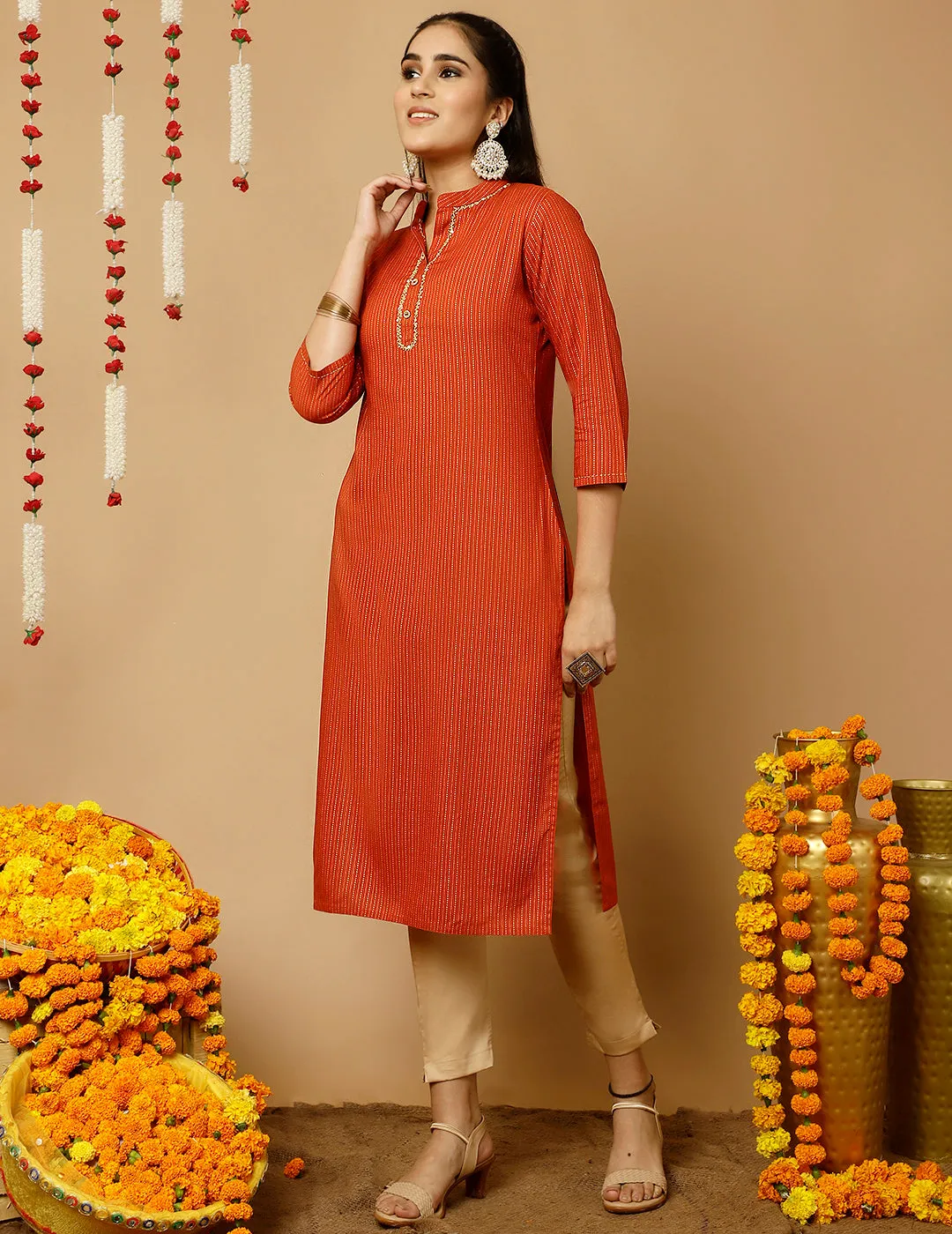 Rust Zari Work Striped Straight Kurta