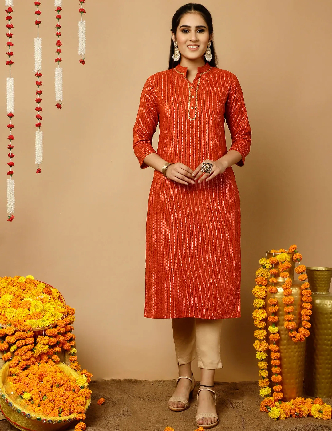 Rust Zari Work Striped Straight Kurta