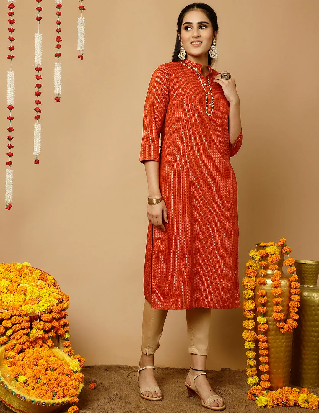 Rust Zari Work Striped Straight Kurta