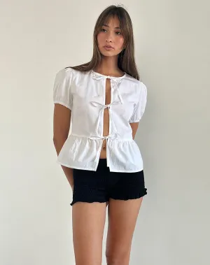 Ryota Tie Front Blouse in White with White Binding