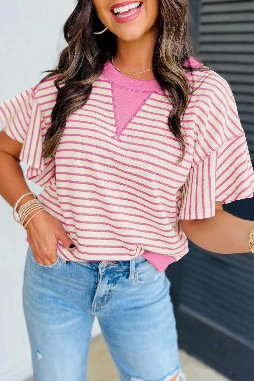 Sachet Pink Contrast Detail Striped Ruffle Short Sleeve Top