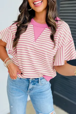 Sachet Pink Contrast Detail Striped Ruffle Short Sleeve Top
