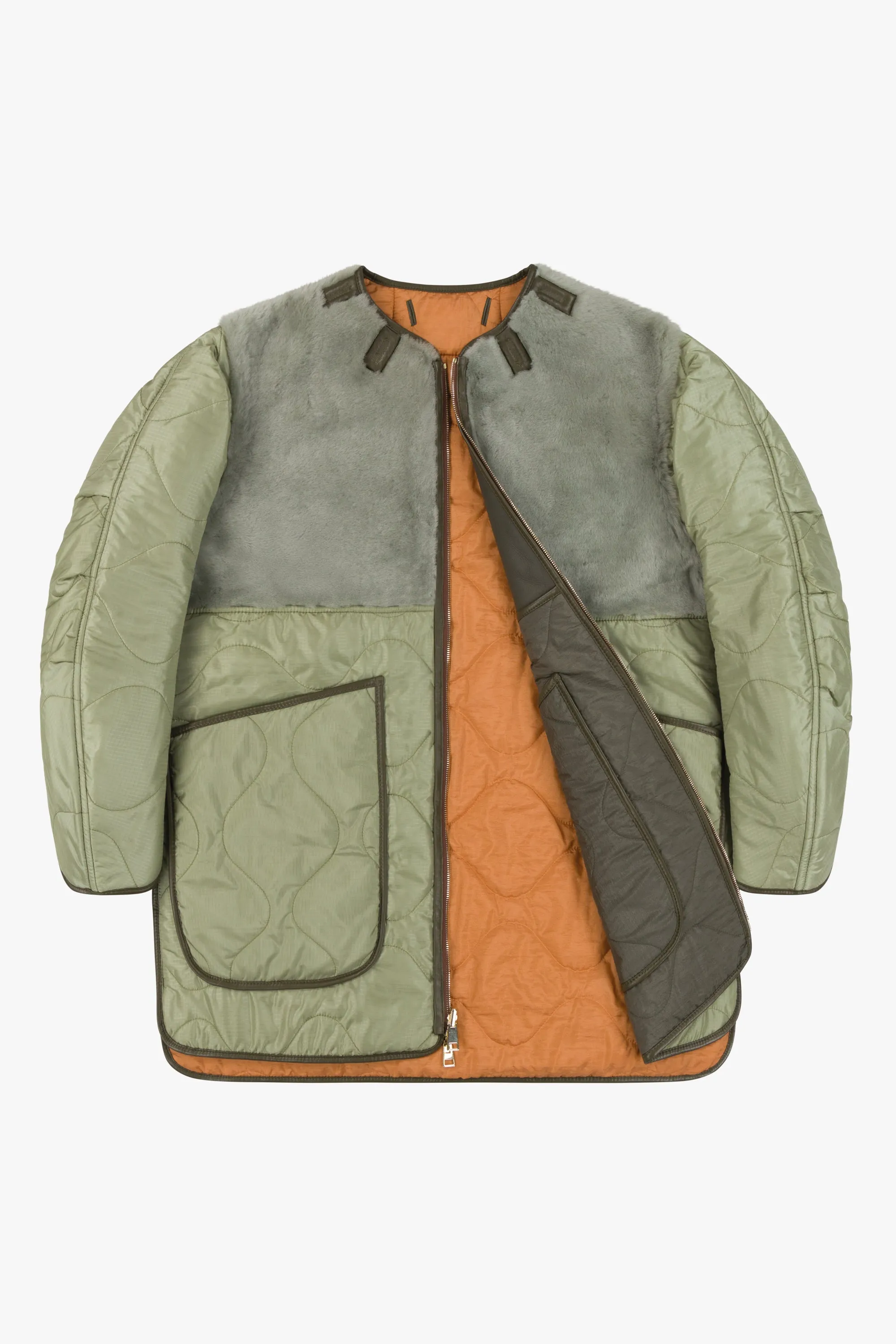 Shearling Aviator Quilt Jacket - Dark Olive / Pale Jade
