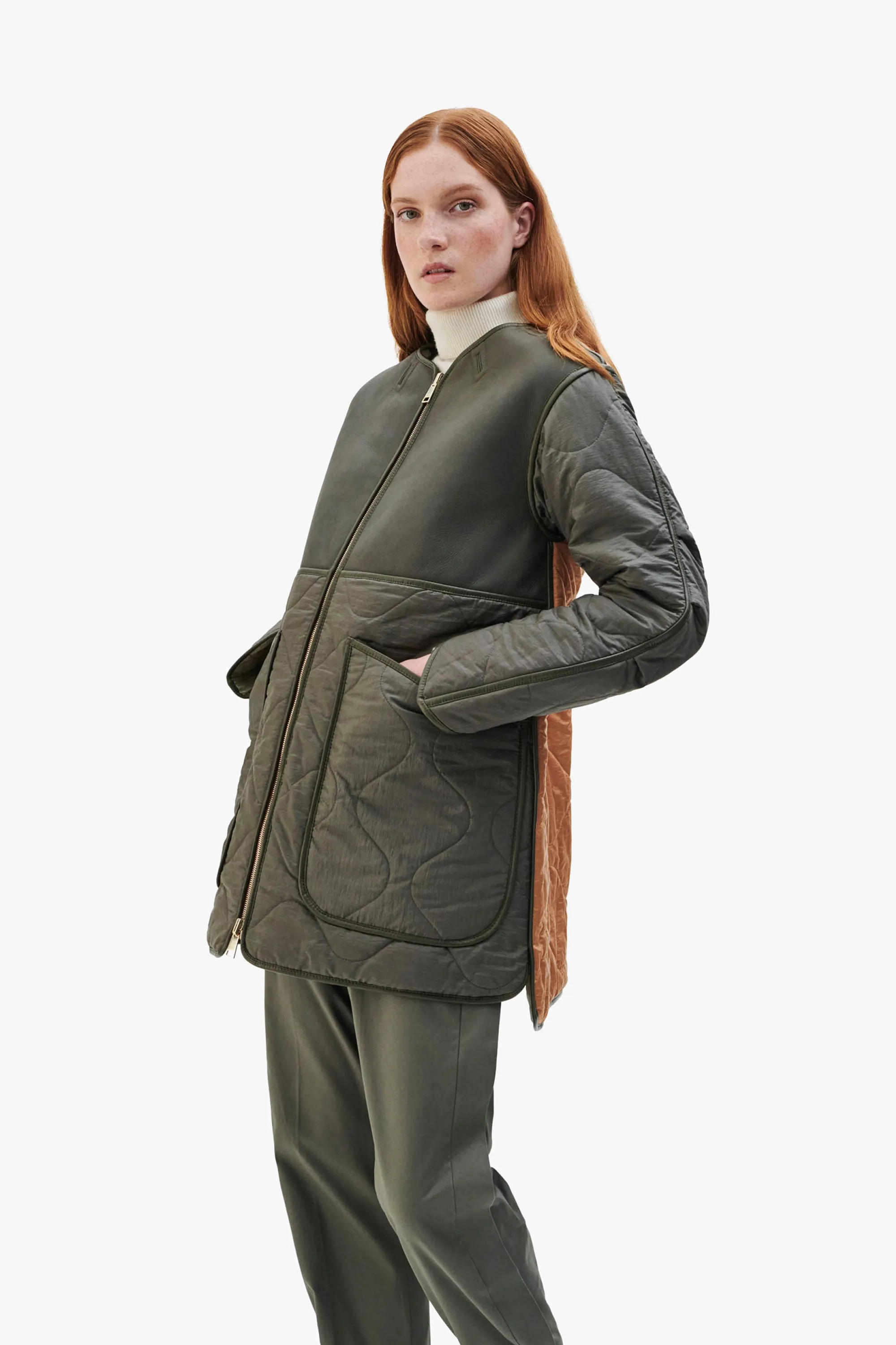 Shearling Aviator Quilt Jacket - Dark Olive / Pale Jade