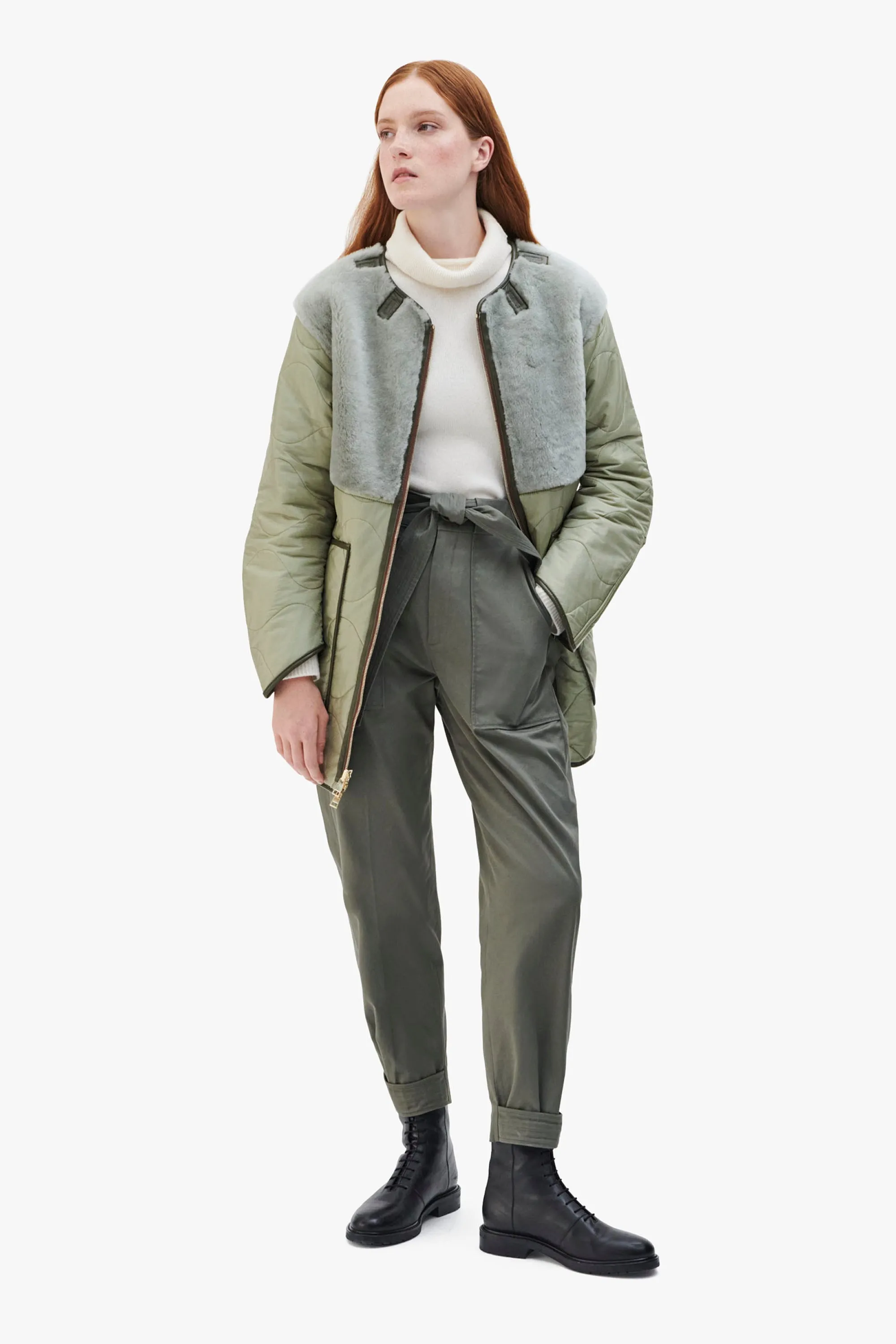 Shearling Aviator Quilt Jacket - Dark Olive / Pale Jade
