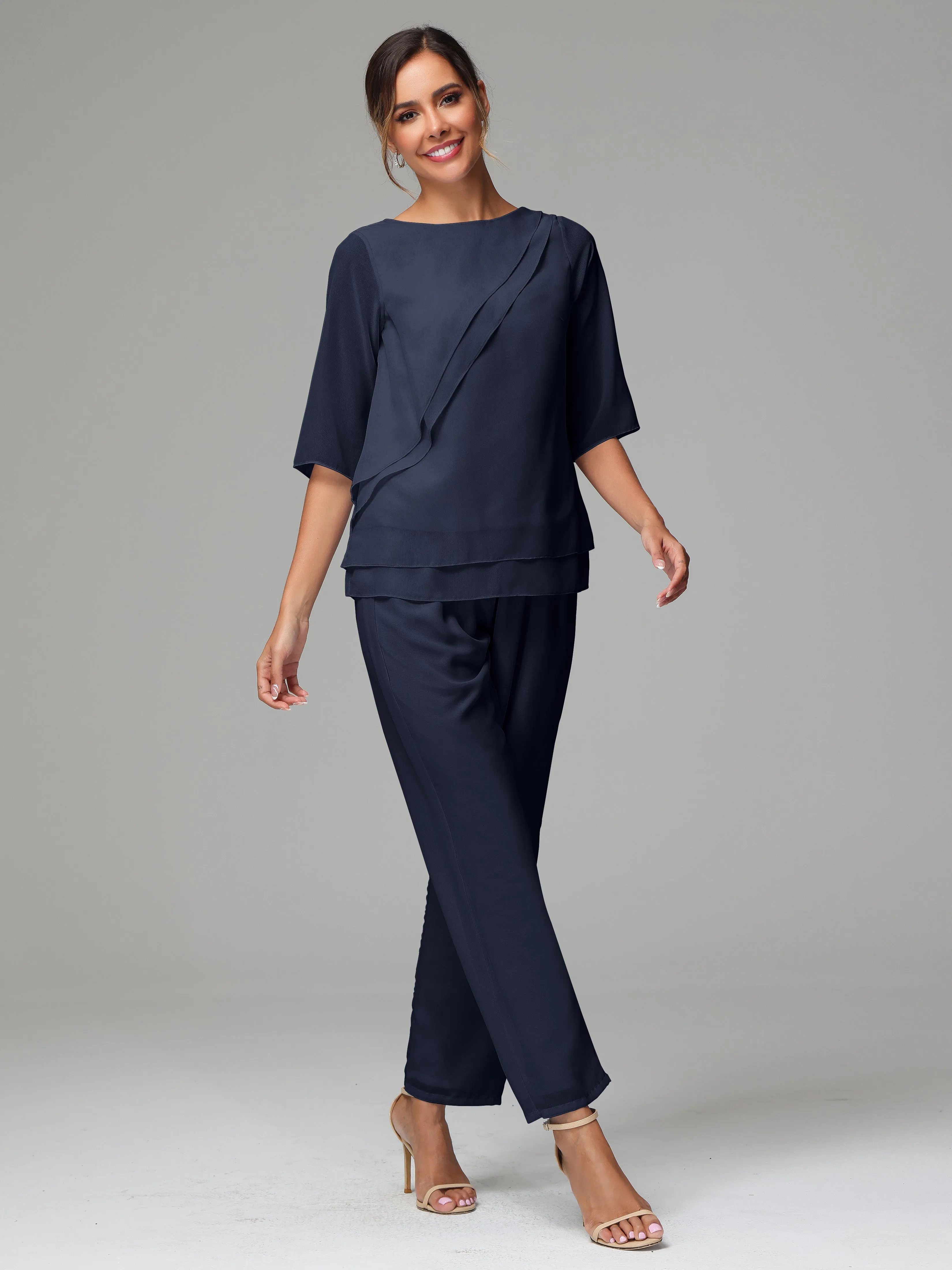 Simple Chiffon Half Sleeves Mother Of The Bride Dress Pants Suits