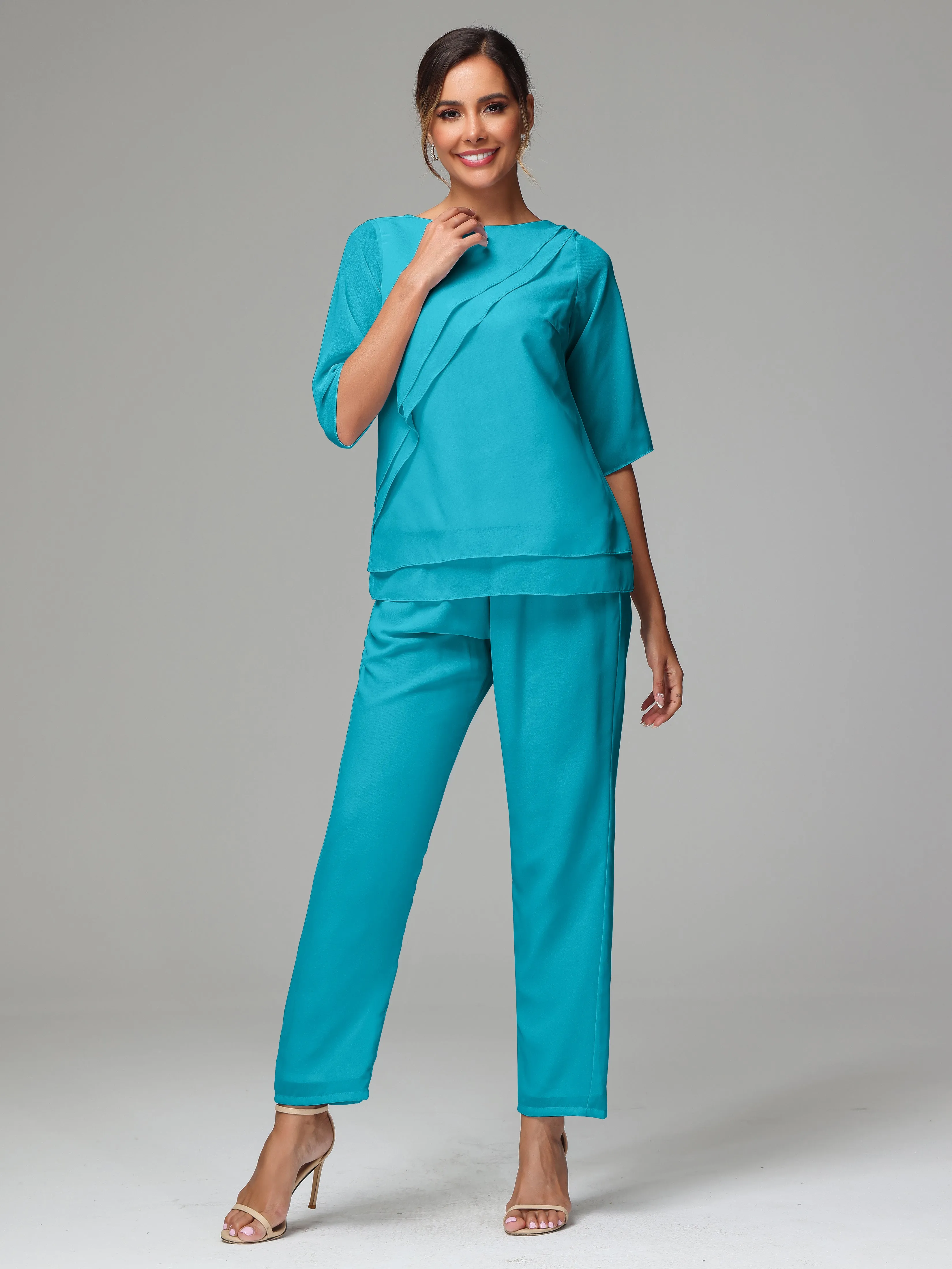 Simple Chiffon Half Sleeves Mother Of The Bride Dress Pants Suits
