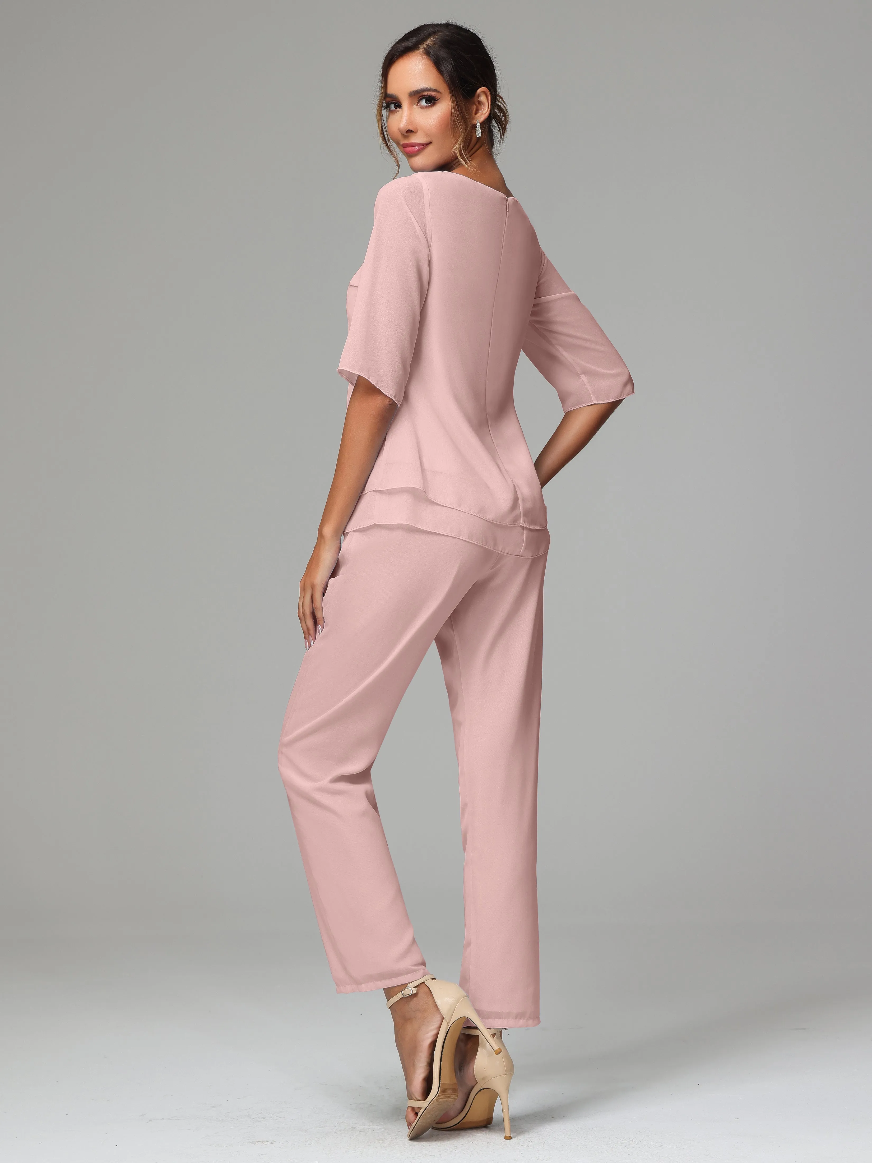 Simple Chiffon Half Sleeves Mother Of The Bride Dress Pants Suits