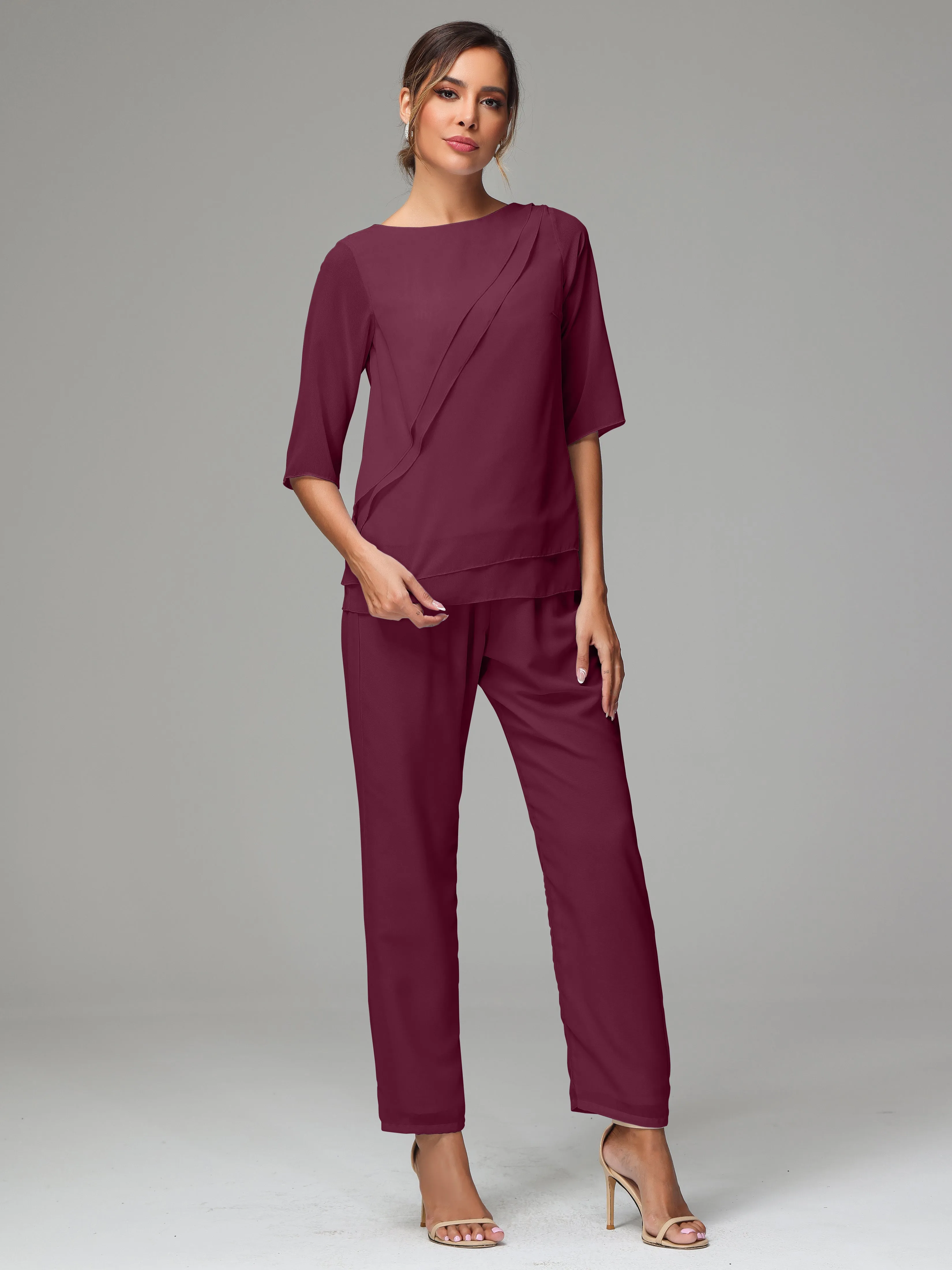 Simple Chiffon Half Sleeves Mother Of The Bride Dress Pants Suits