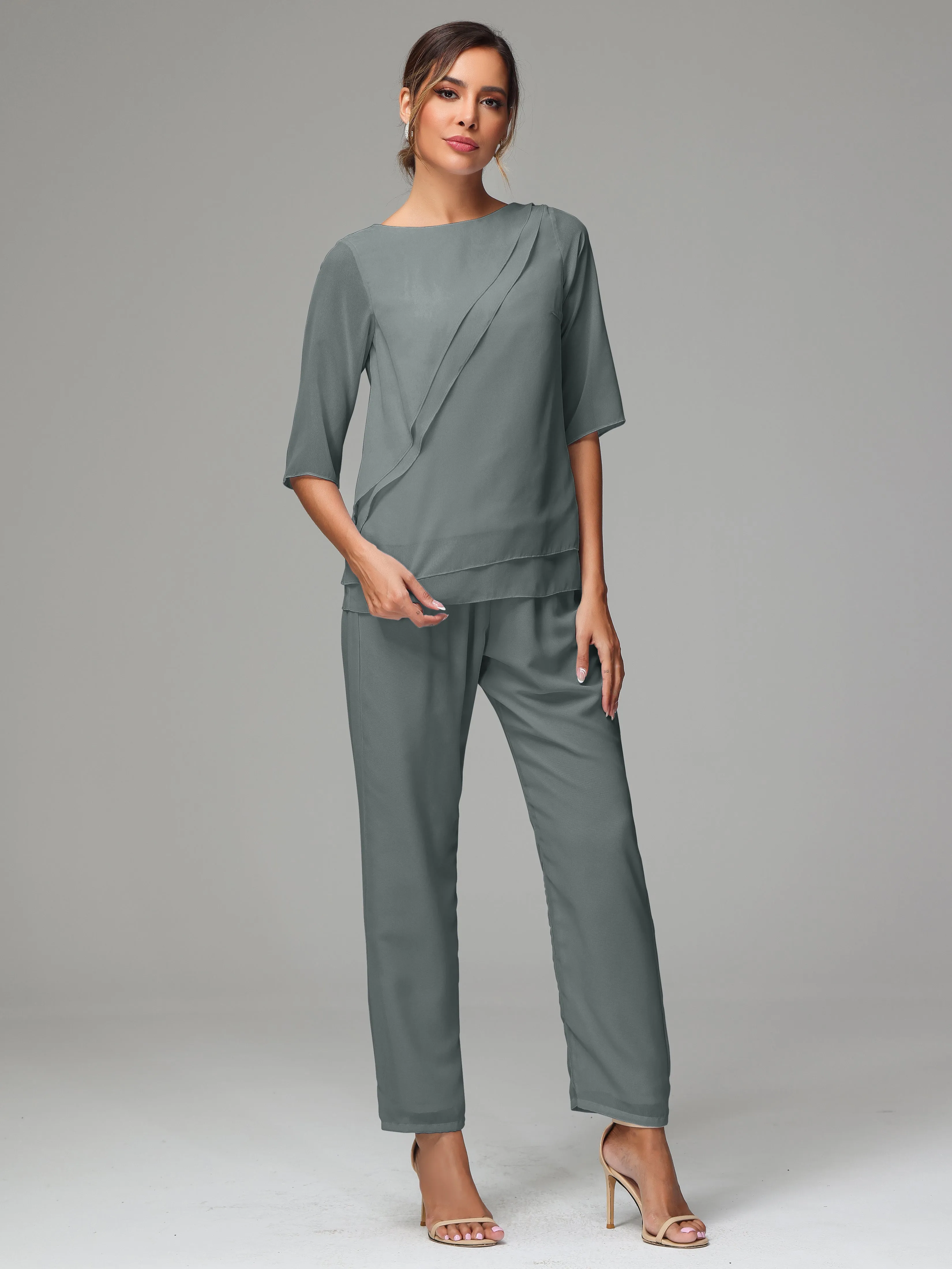 Simple Chiffon Half Sleeves Mother Of The Bride Dress Pants Suits