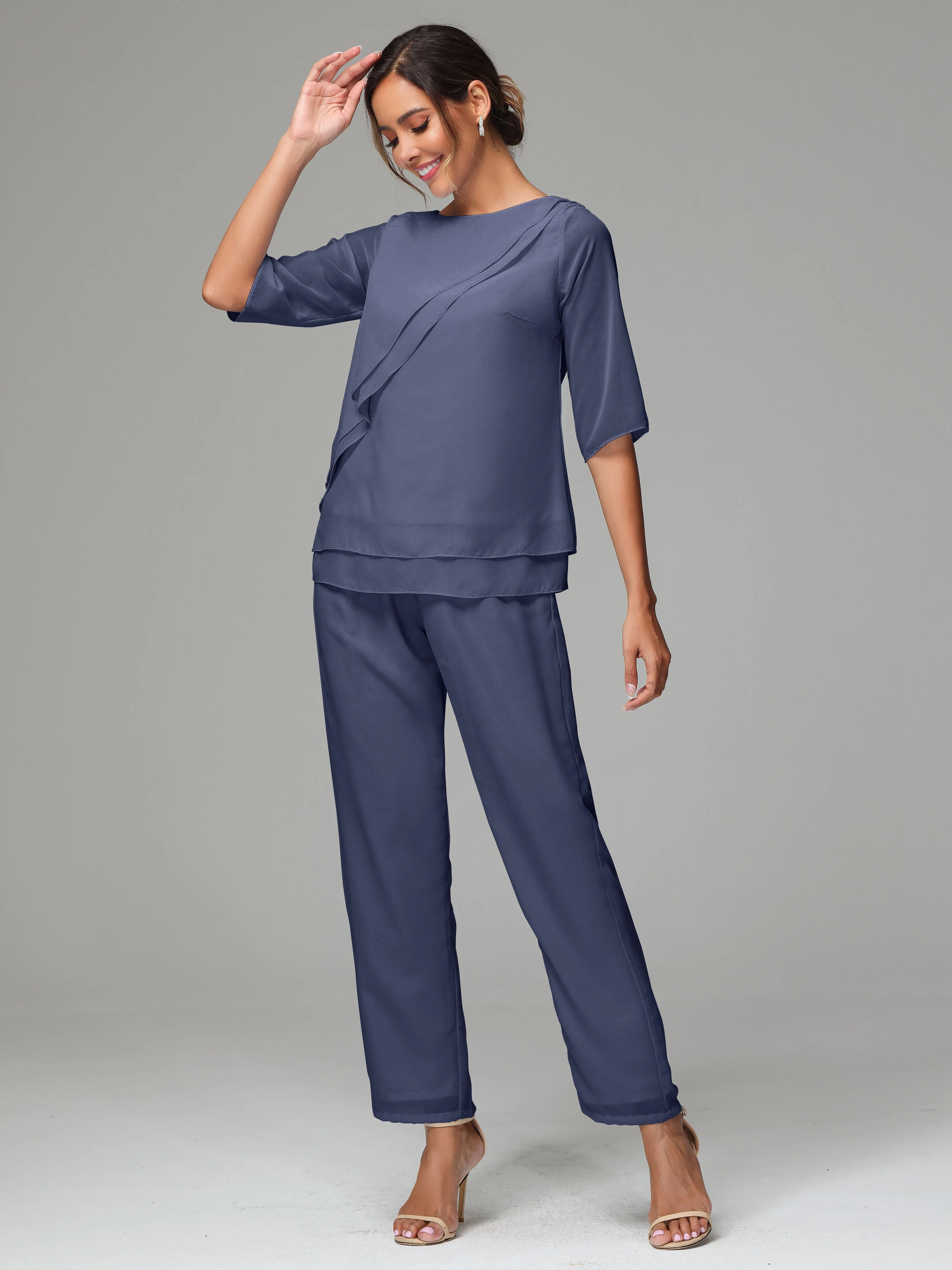Simple Chiffon Half Sleeves Mother Of The Bride Dress Pants Suits