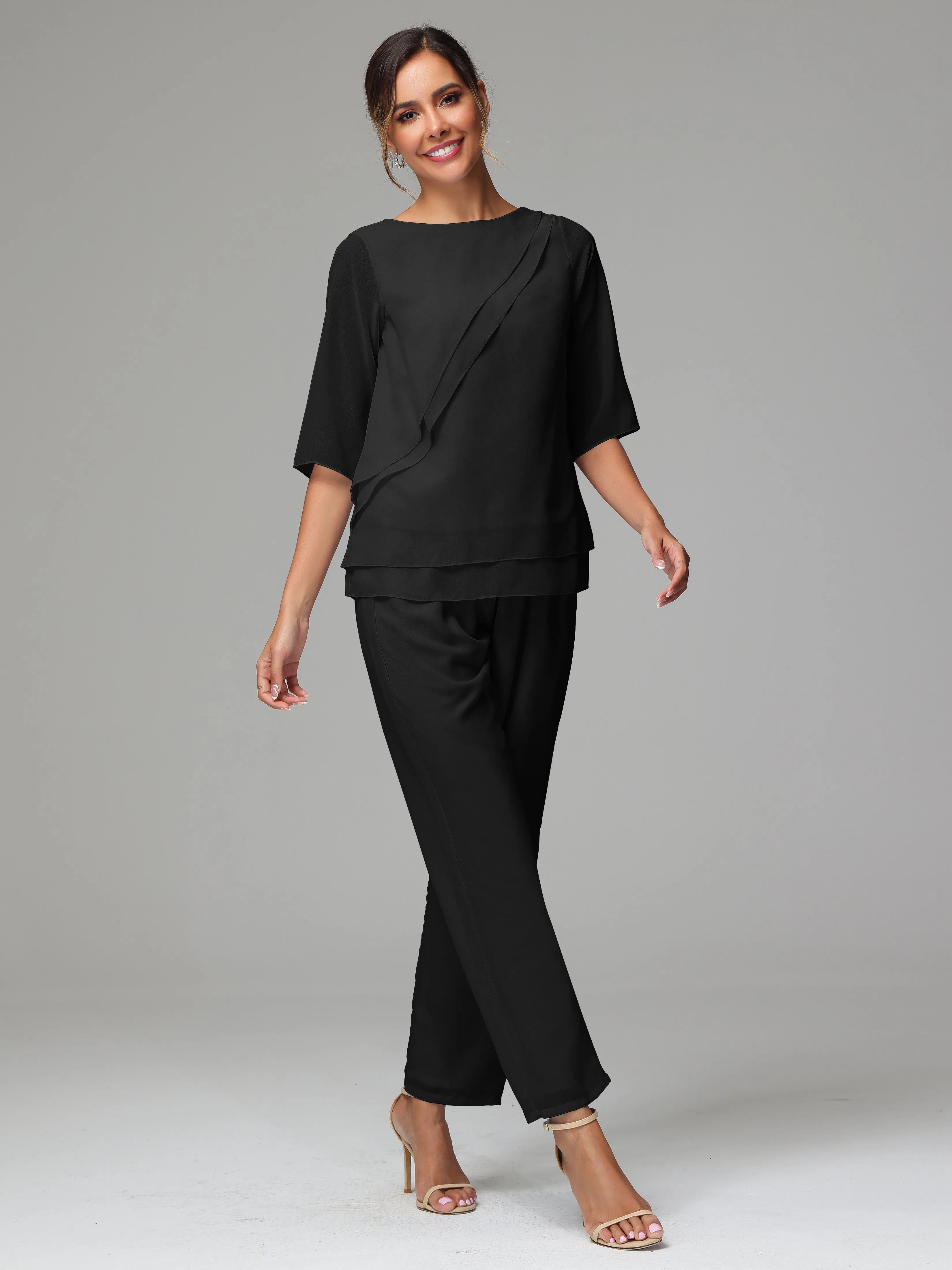 Simple Chiffon Half Sleeves Mother Of The Bride Dress Pants Suits