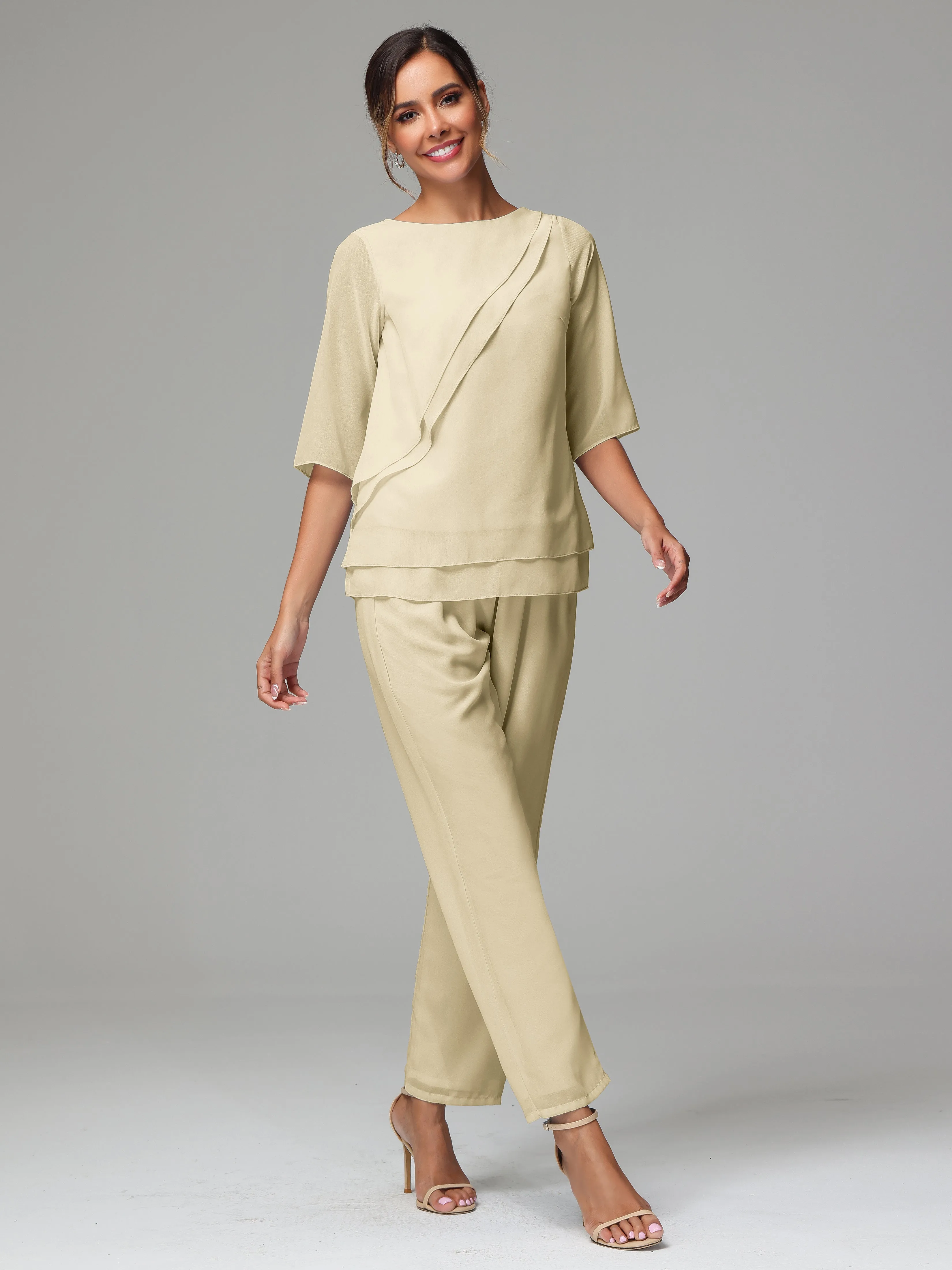 Simple Chiffon Half Sleeves Mother Of The Bride Dress Pants Suits