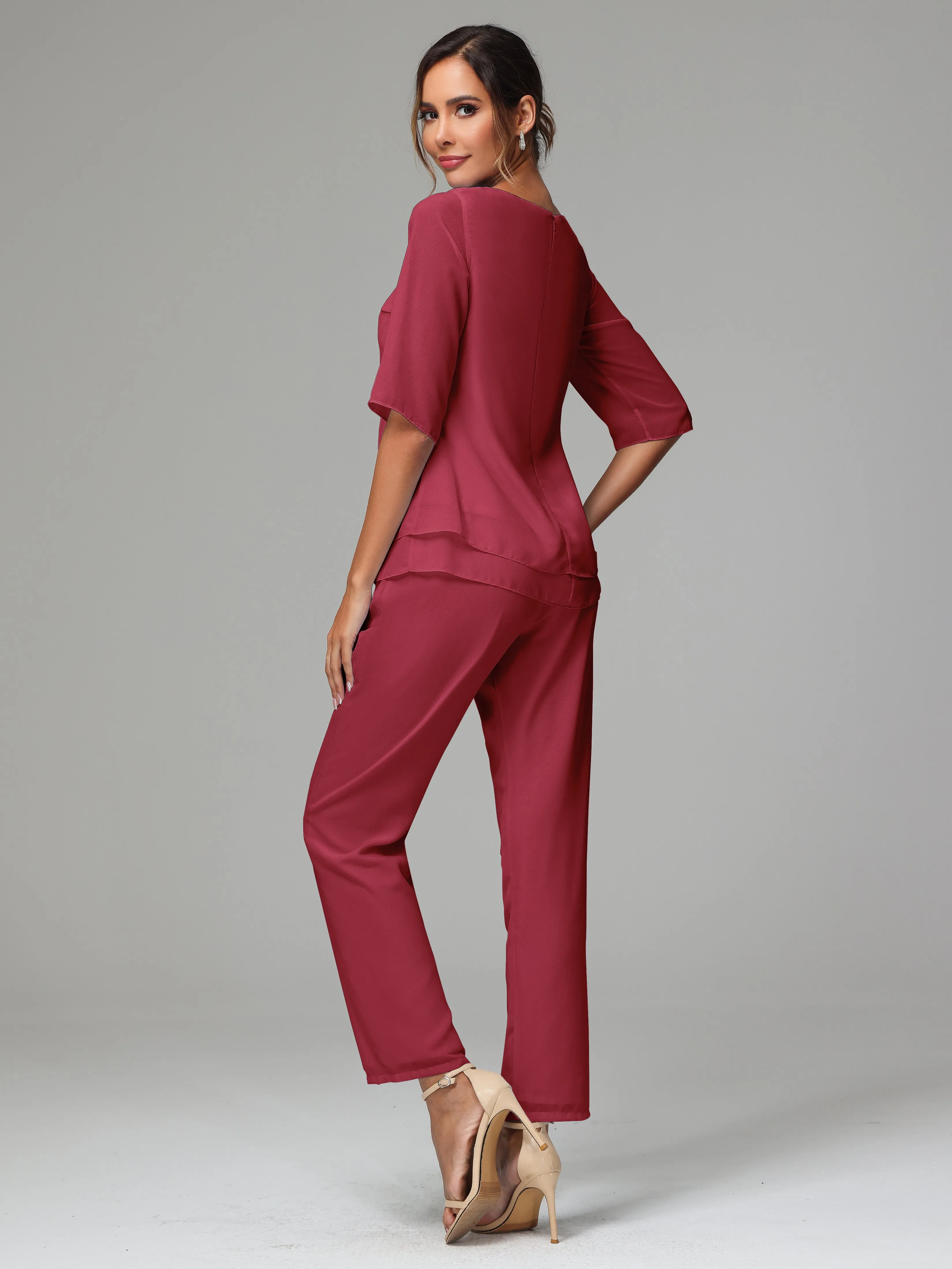 Simple Chiffon Half Sleeves Mother Of The Bride Dress Pants Suits