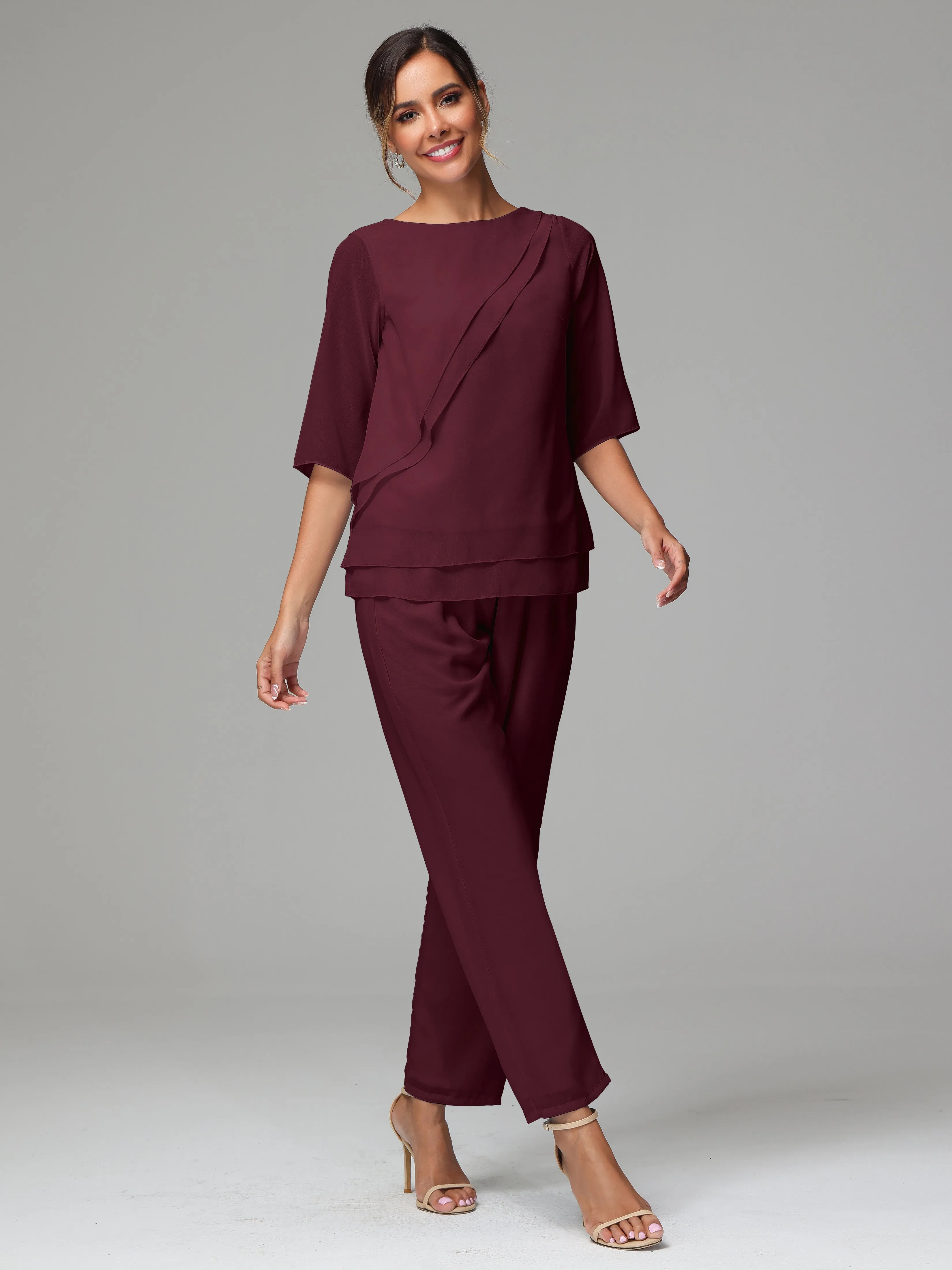 Simple Chiffon Half Sleeves Mother Of The Bride Dress Pants Suits