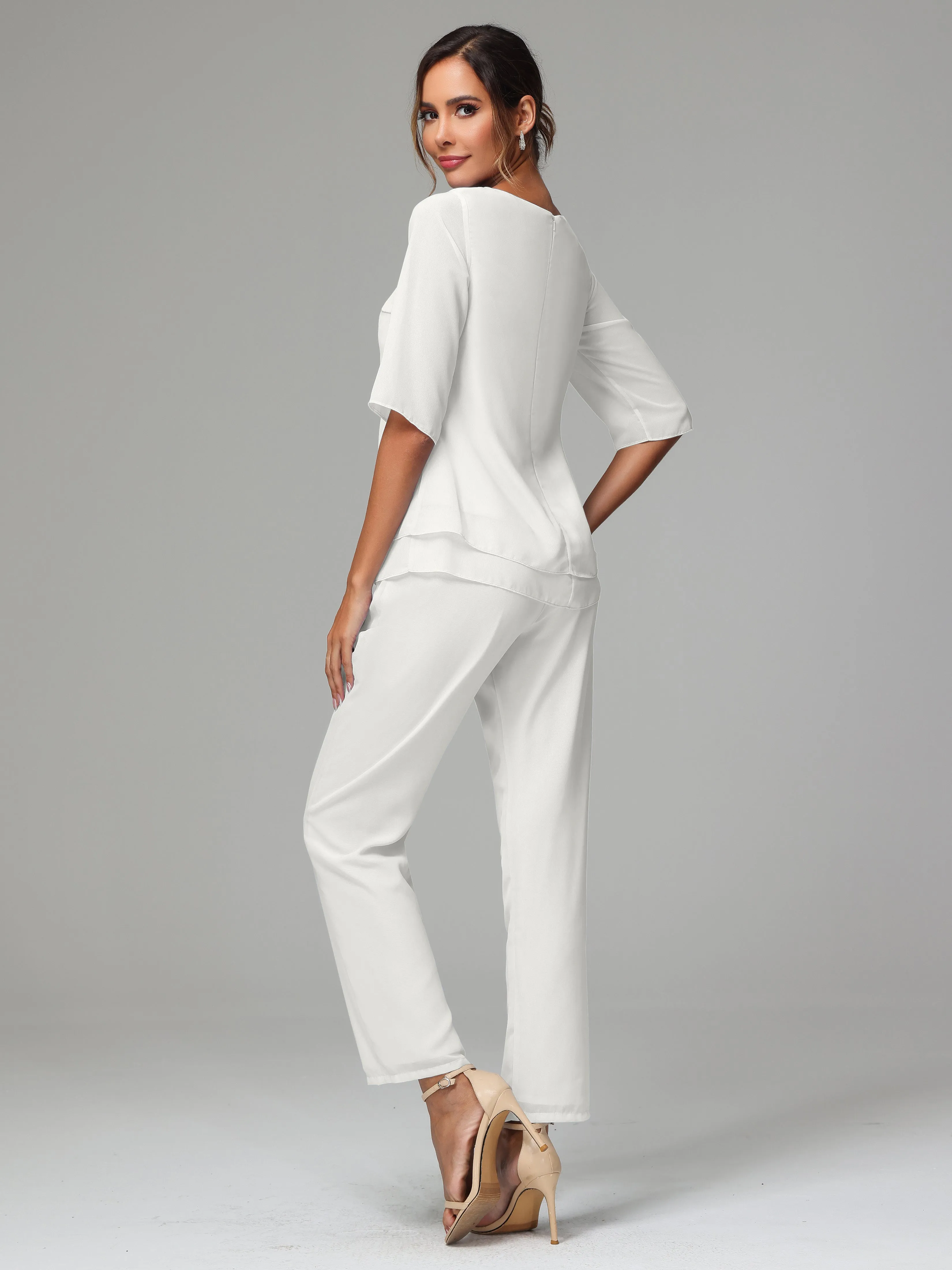 Simple Chiffon Half Sleeves Mother Of The Bride Dress Pants Suits