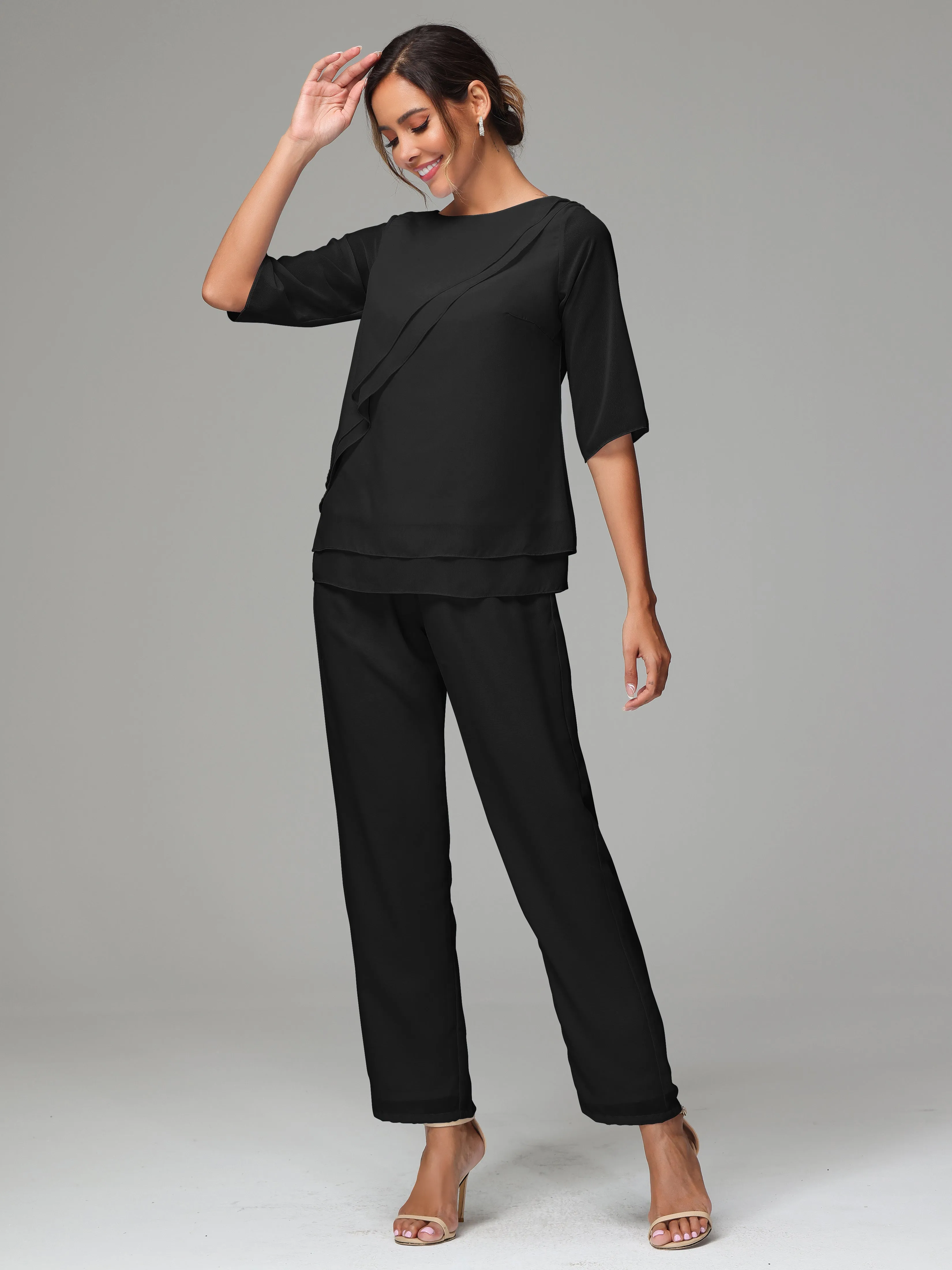 Simple Chiffon Half Sleeves Mother Of The Bride Dress Pants Suits