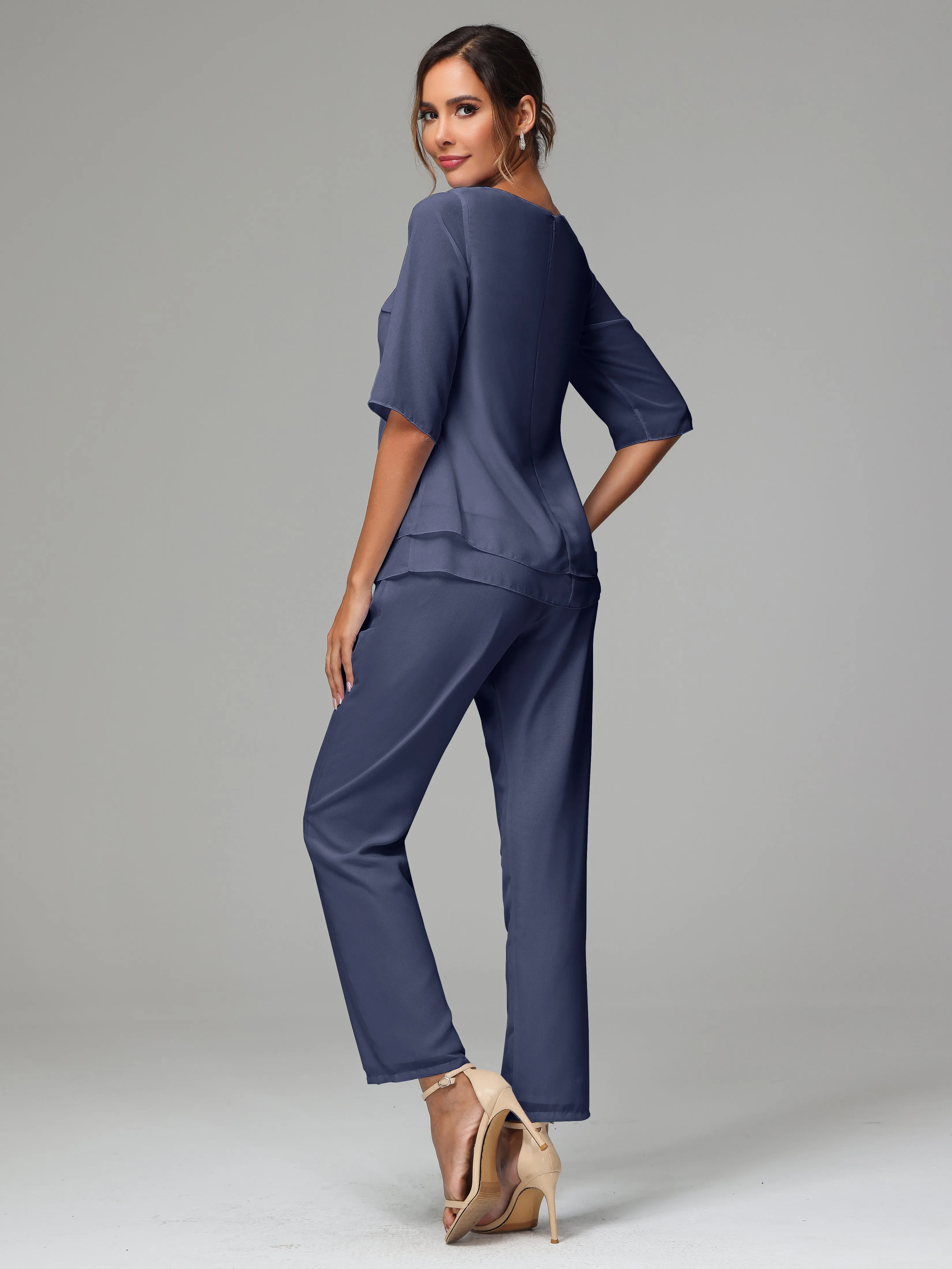Simple Chiffon Half Sleeves Mother Of The Bride Dress Pants Suits
