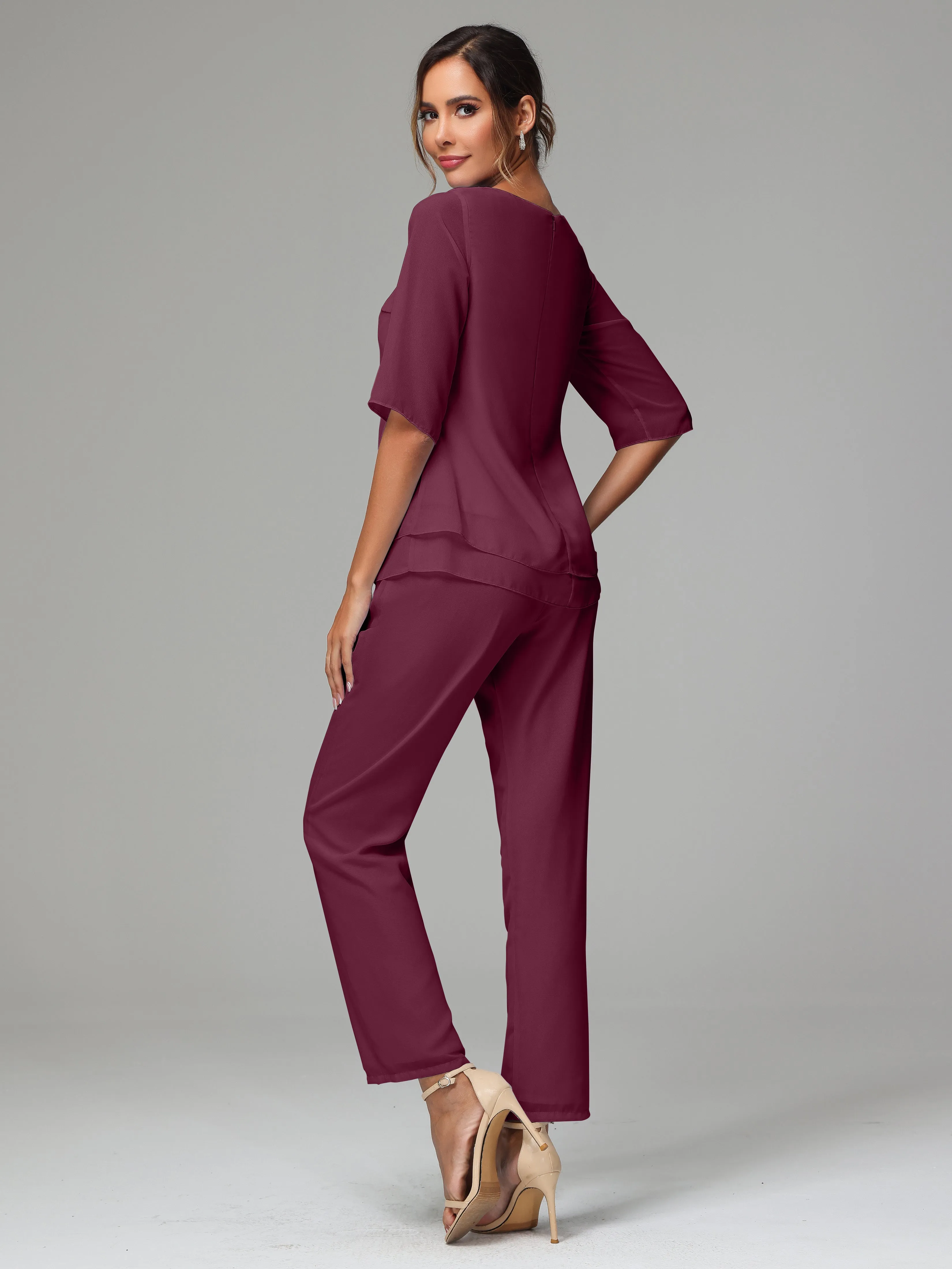 Simple Chiffon Half Sleeves Mother Of The Bride Dress Pants Suits