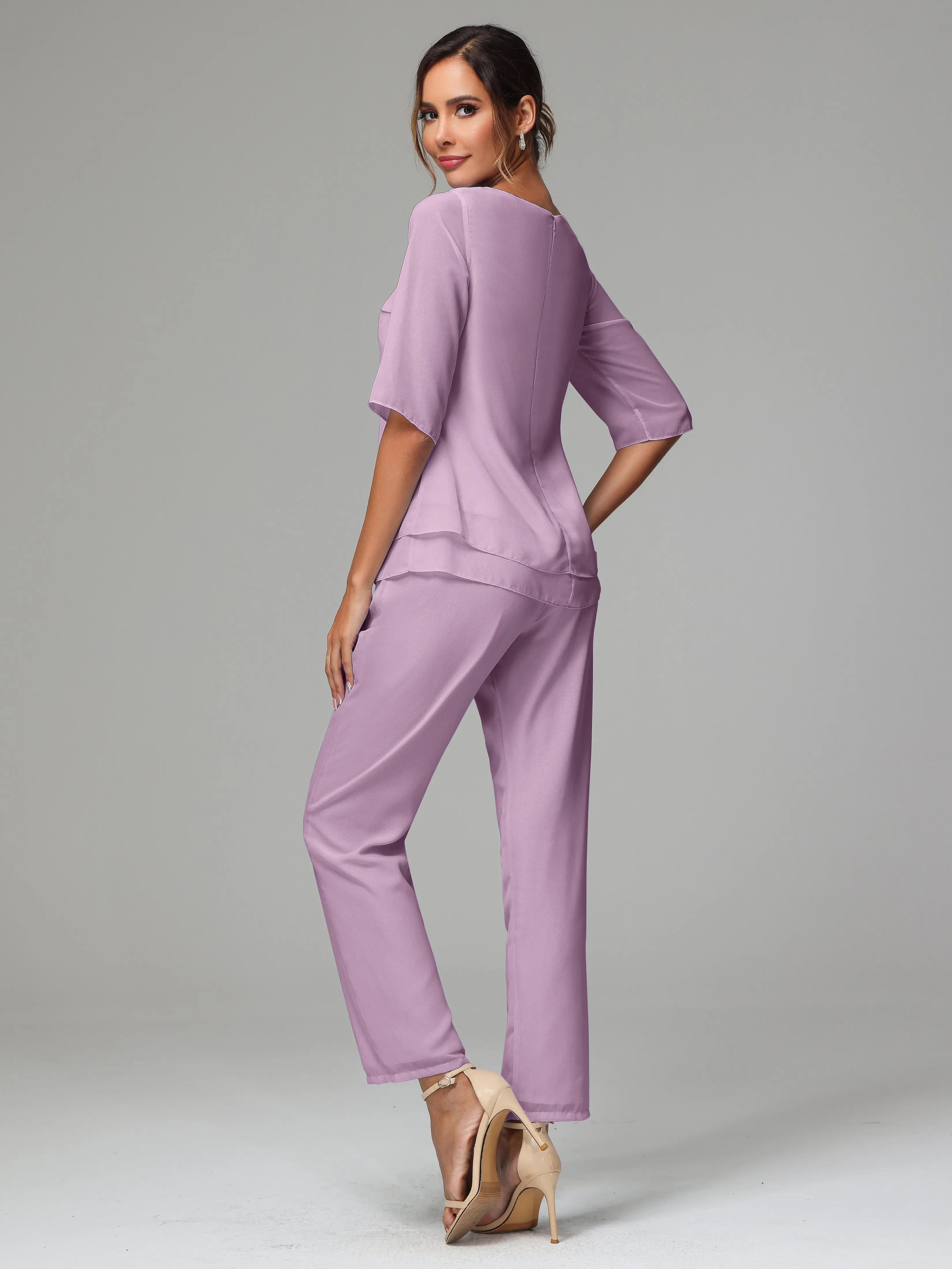 Simple Chiffon Half Sleeves Mother Of The Bride Dress Pants Suits
