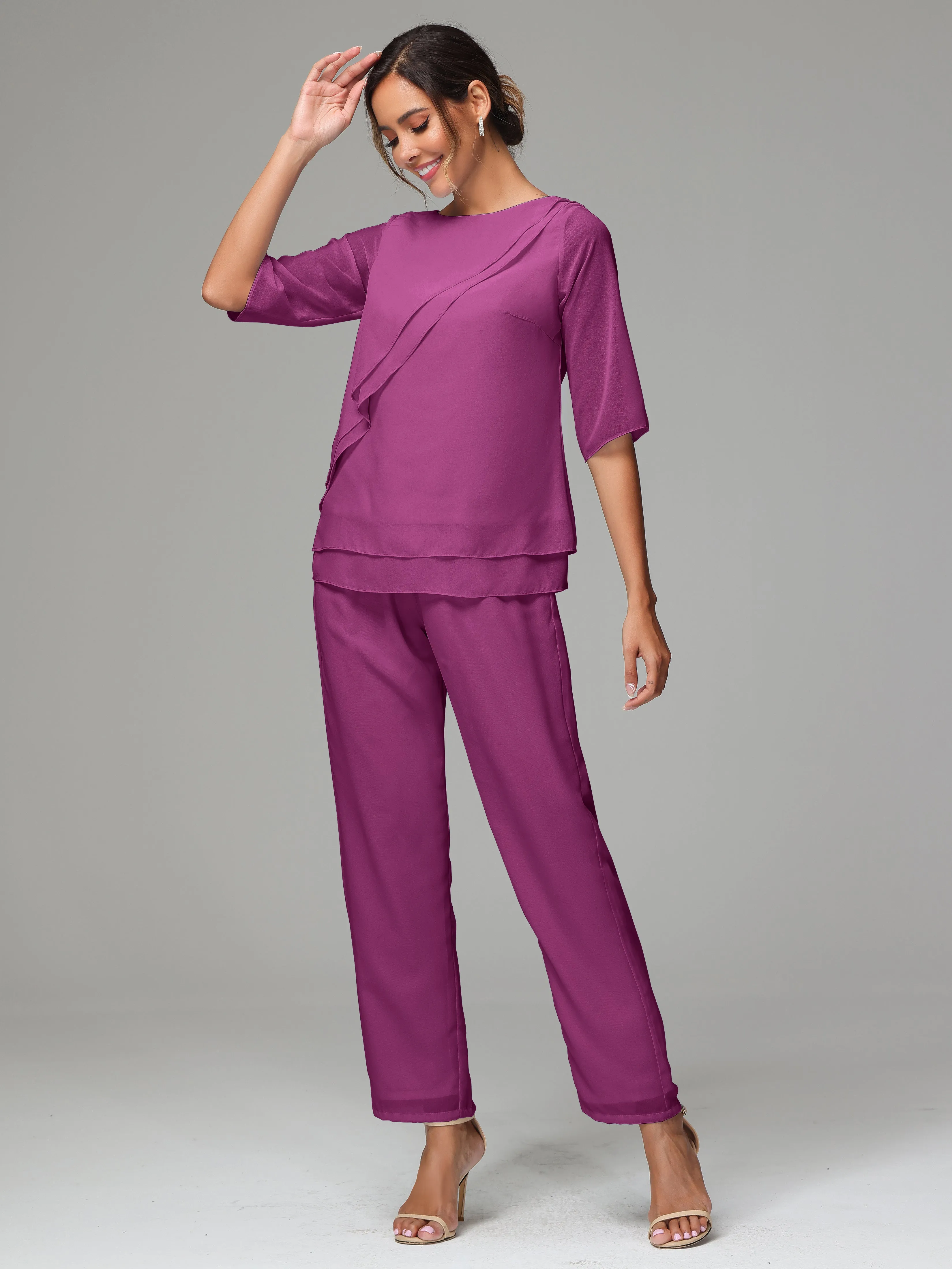 Simple Chiffon Half Sleeves Mother Of The Bride Dress Pants Suits