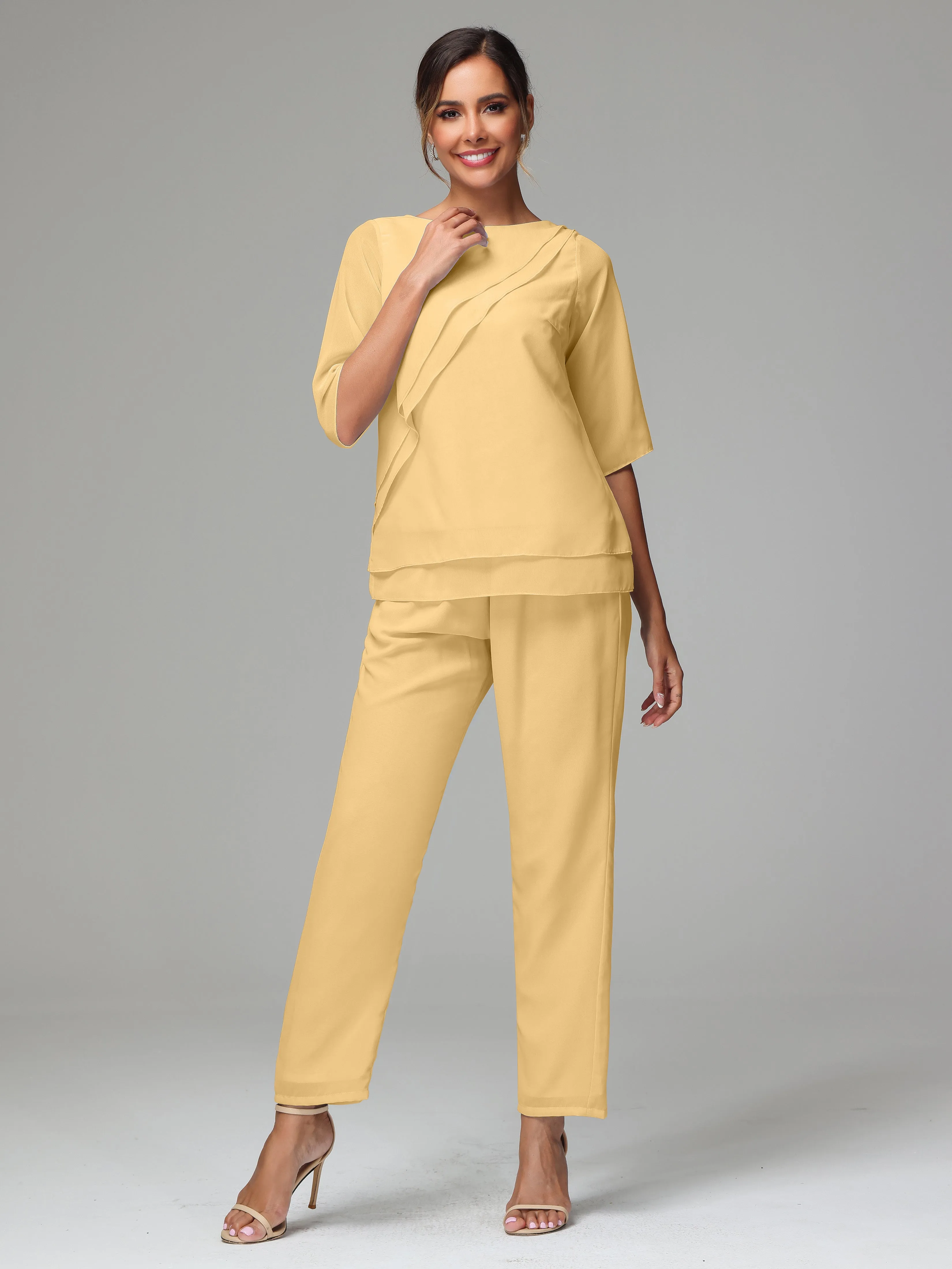 Simple Chiffon Half Sleeves Mother Of The Bride Dress Pants Suits