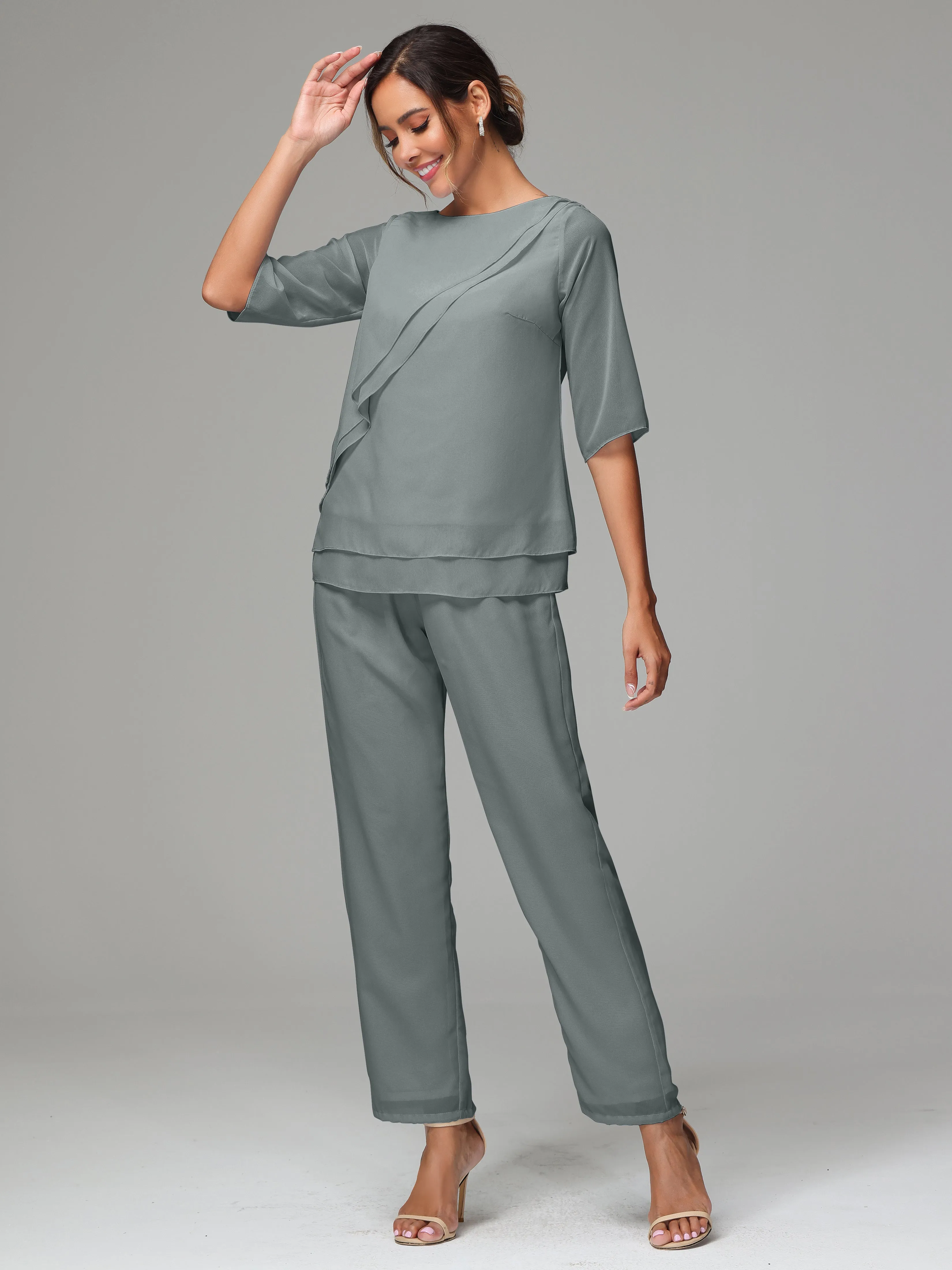 Simple Chiffon Half Sleeves Mother Of The Bride Dress Pants Suits