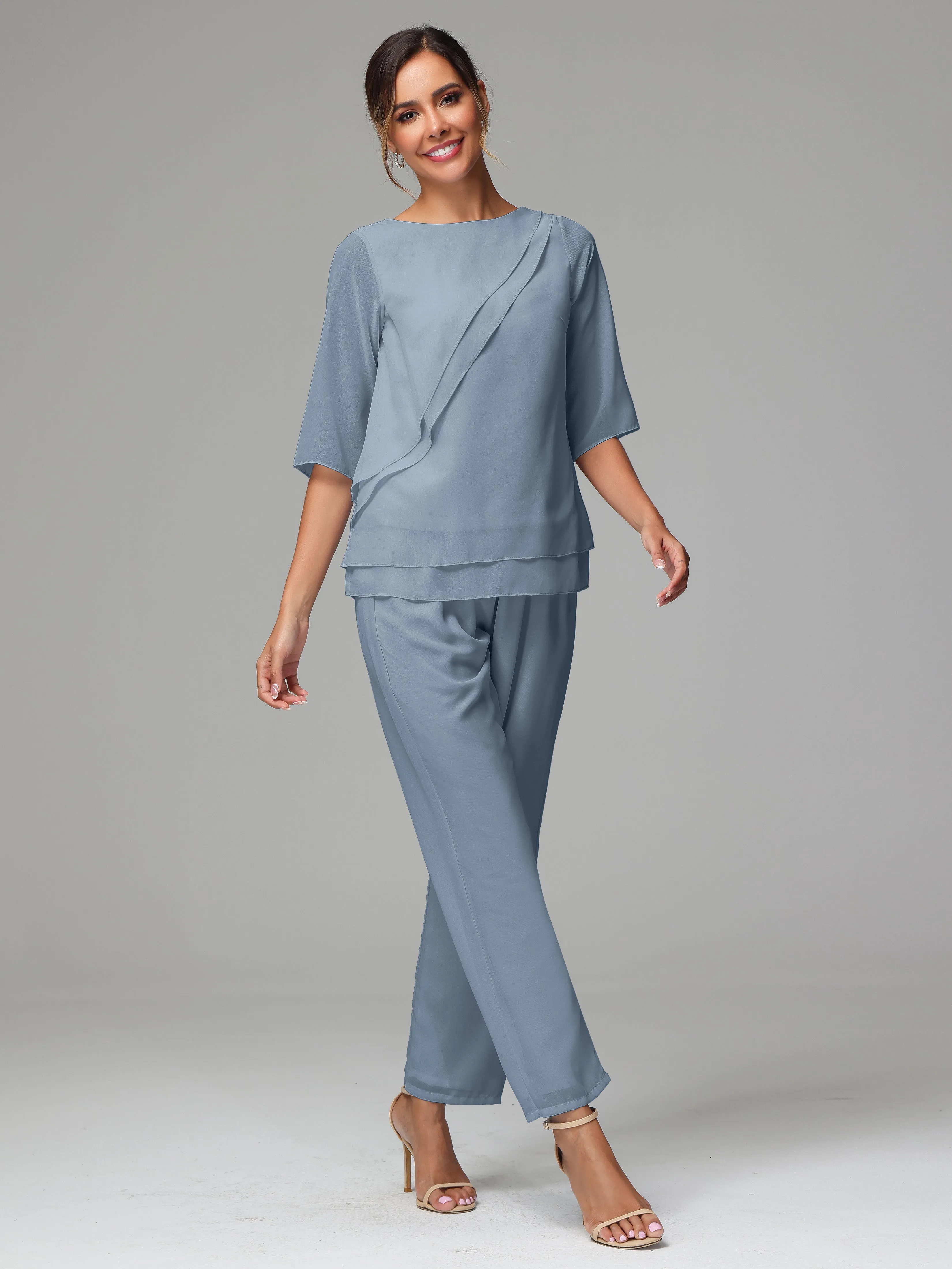 Simple Chiffon Half Sleeves Mother Of The Bride Dress Pants Suits