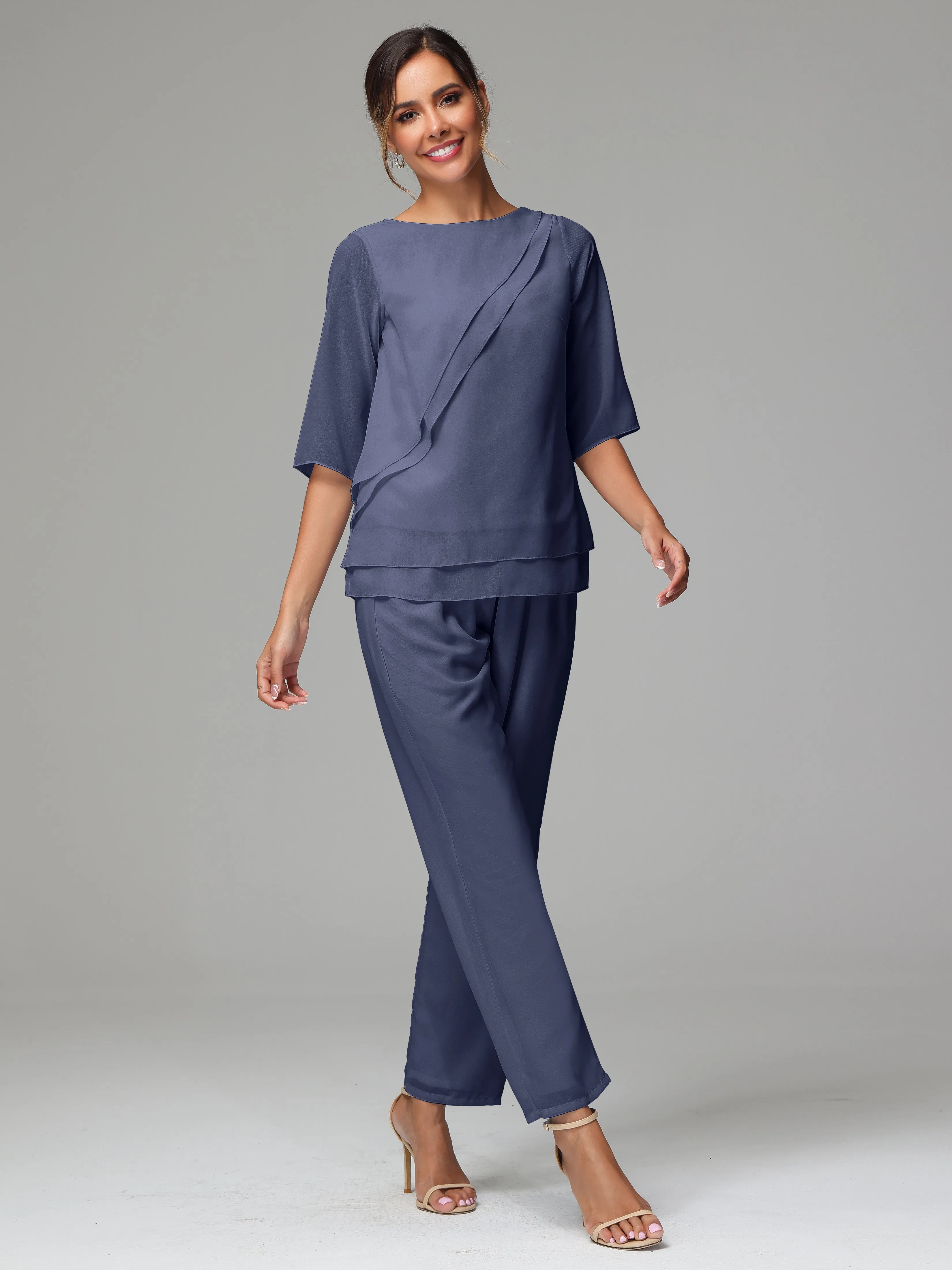 Simple Chiffon Half Sleeves Mother Of The Bride Dress Pants Suits