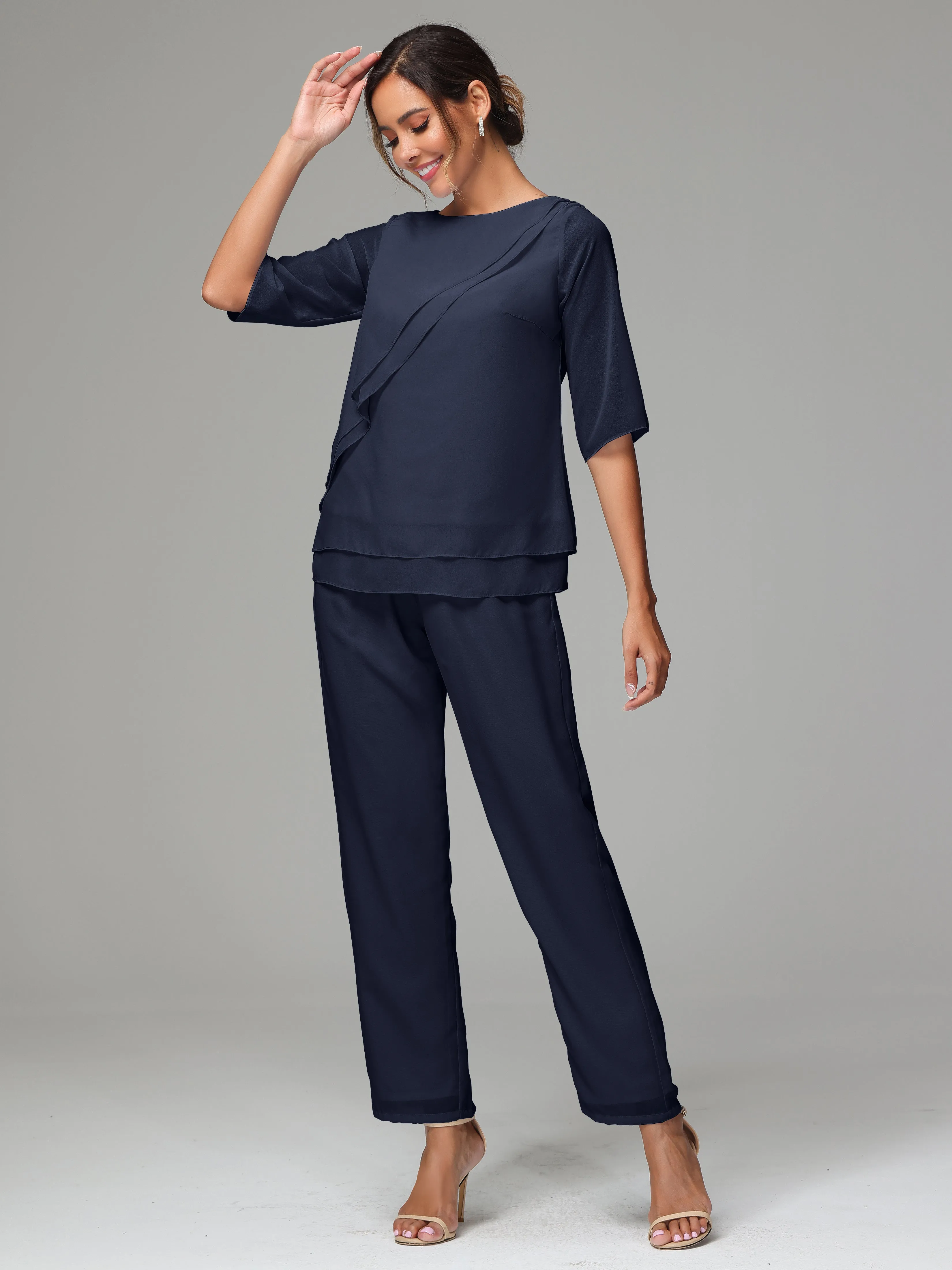 Simple Chiffon Half Sleeves Mother Of The Bride Dress Pants Suits