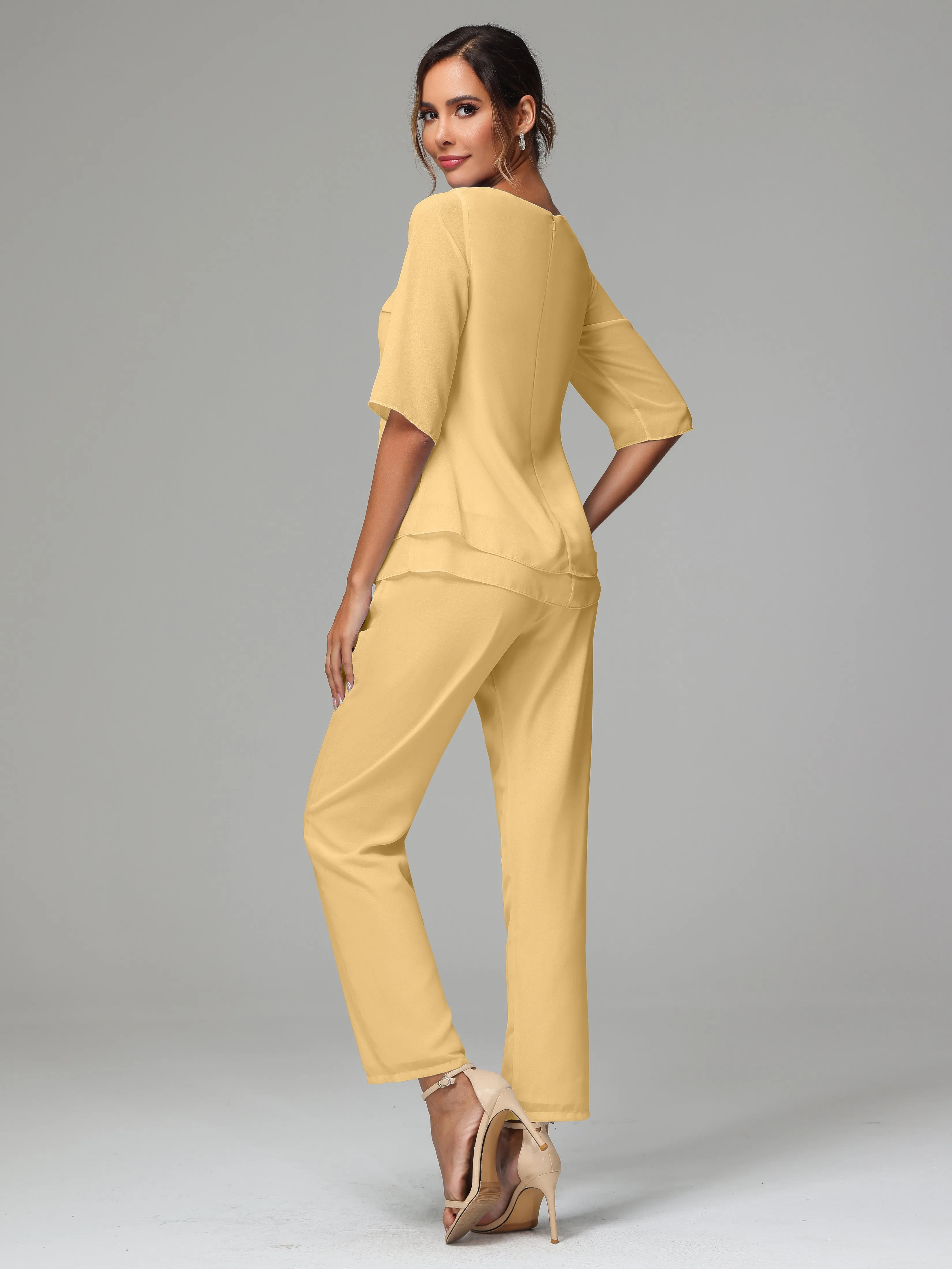 Simple Chiffon Half Sleeves Mother Of The Bride Dress Pants Suits